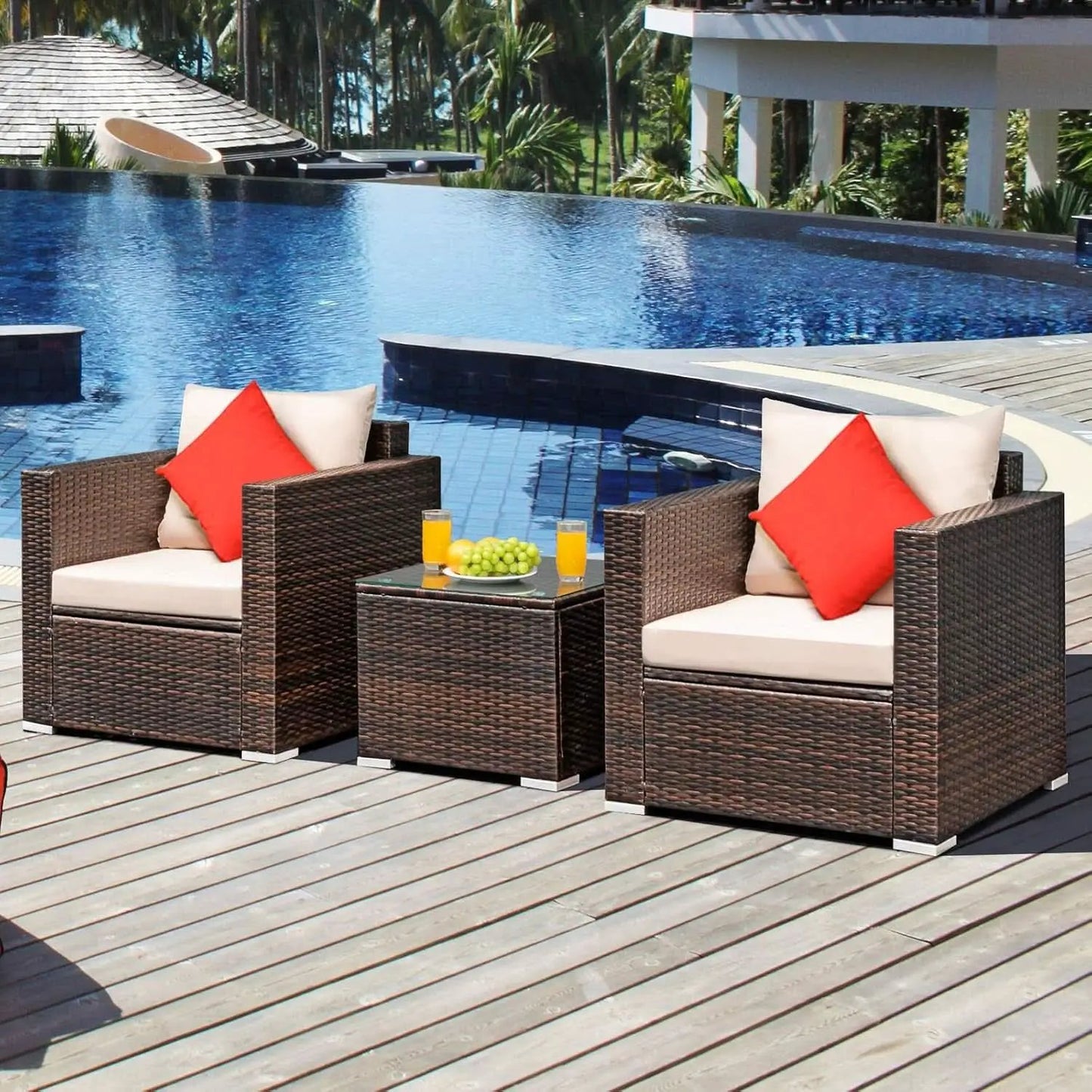 3 Piece Outdoor Patio Furniture Set Rattan Wicker With Washable Cushions And Tempered Glass Tabletop from PriceLows™