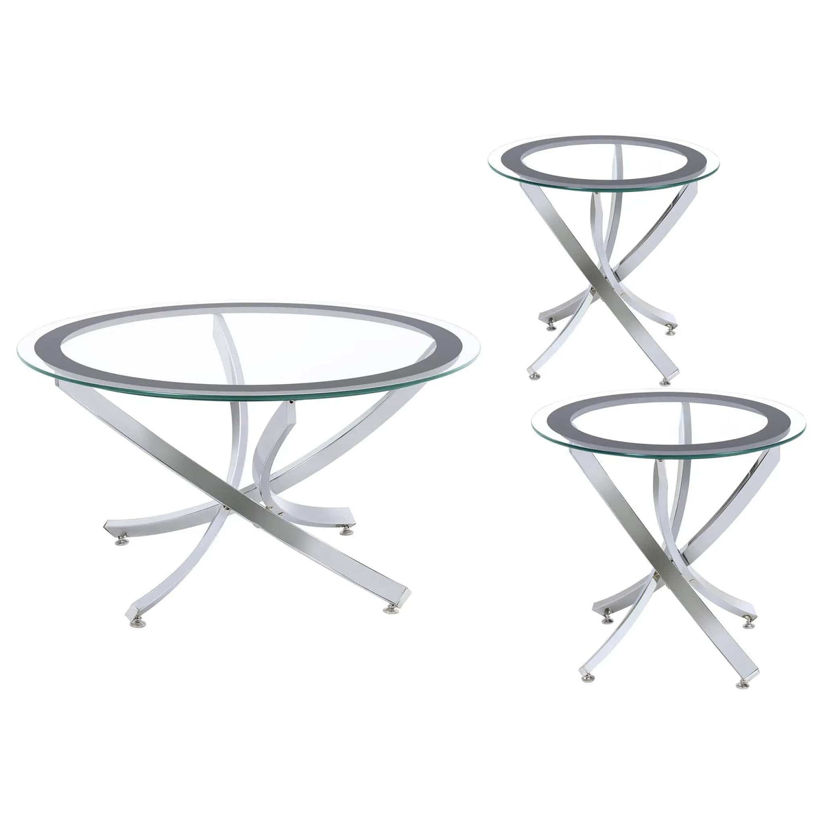 Brooke 3-piece Round Coffee and End Table Set Chrome | 3-Piece Set | Tempered Glass & Metal | Dining Room