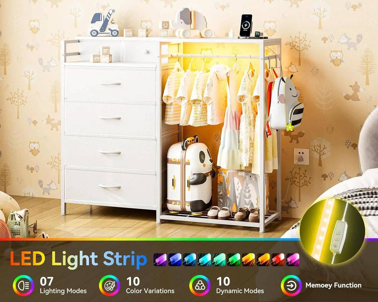 43Inch White Dresser With Hanging Rack AmbientLEDLighting from PriceLows™