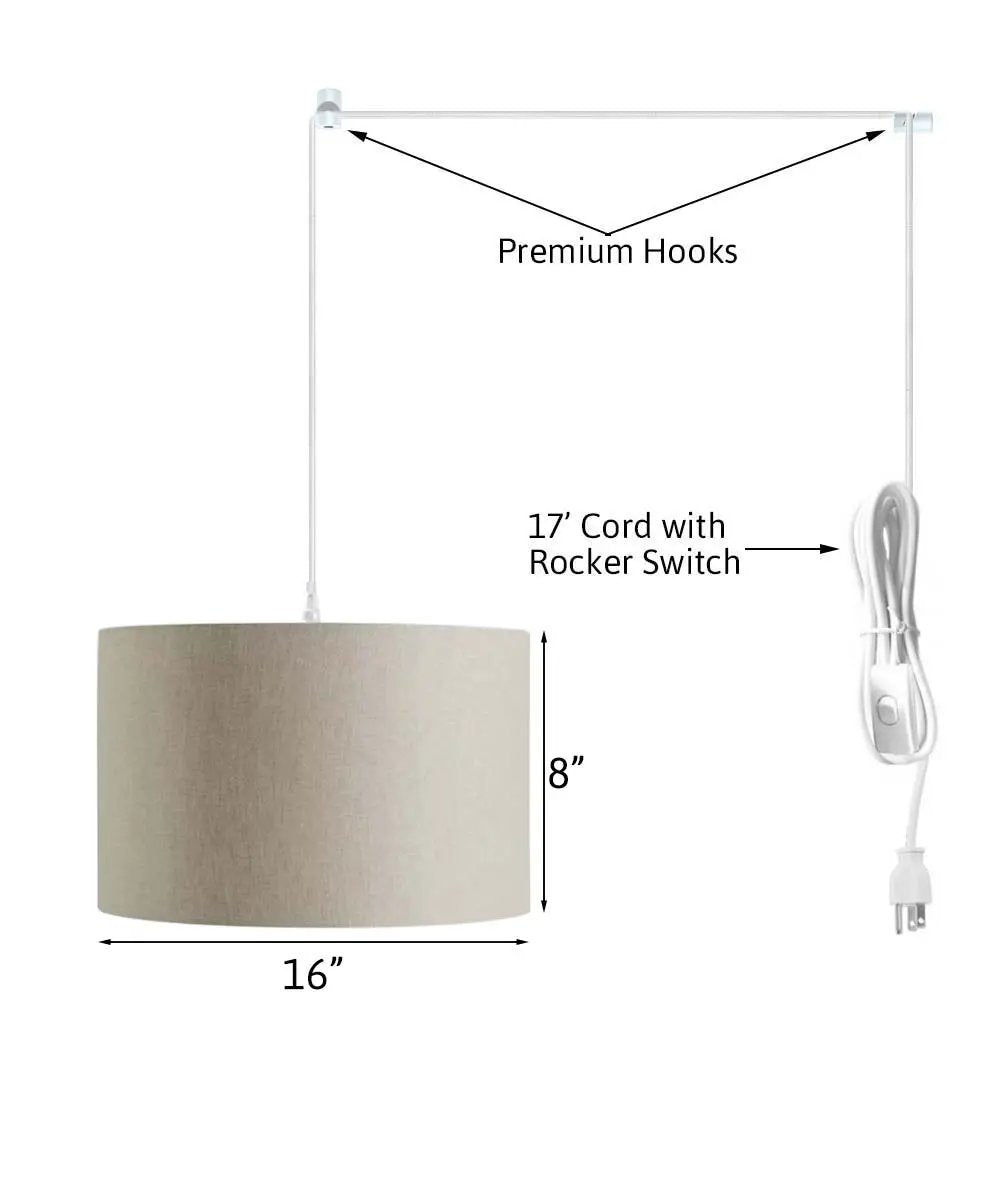 Swag Plug In Pendant | 1 Light | 16 Inch Oatmeal Linen Drum Shade | 17 Ft Cord