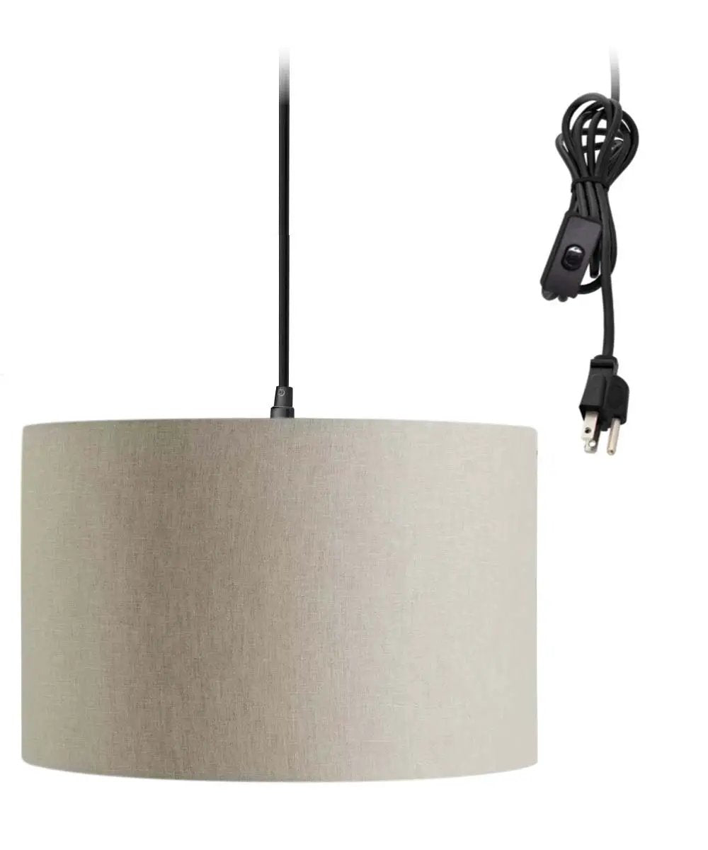 Swag Pendant Light | 16 Inch Linen Drum Shade | 17 Foot Cord | Black