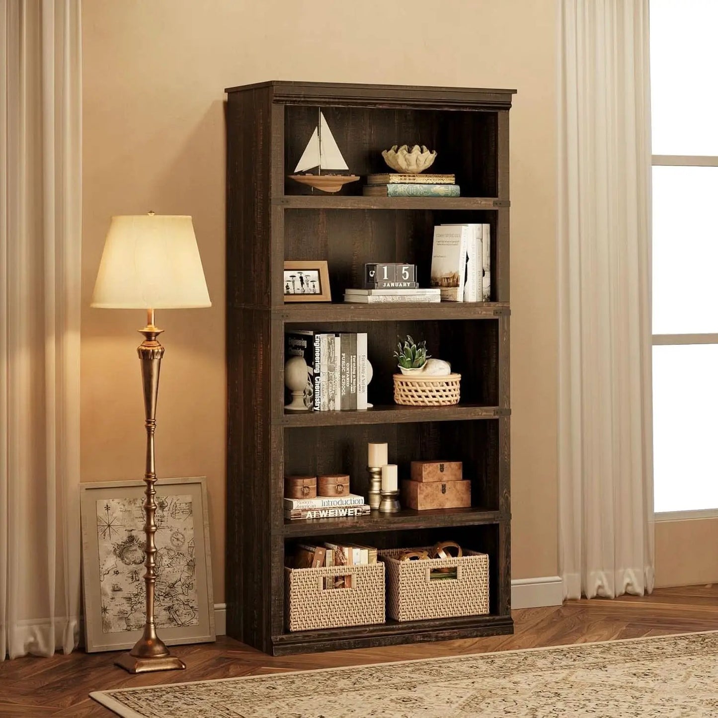 Farmhouse Cherry Bookcase 71 Inch Tall Sturdy Open Shelving from PriceLows™