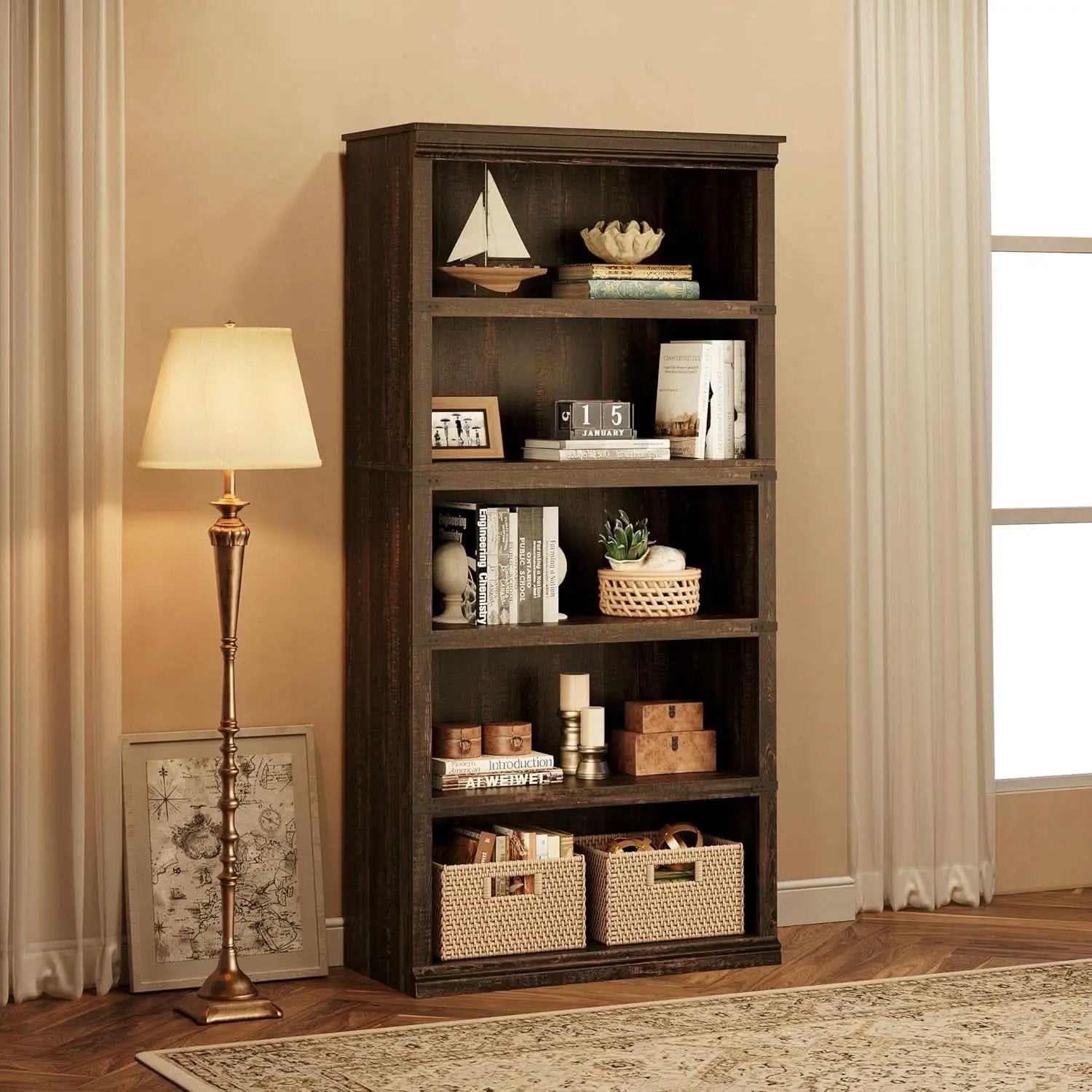 Farmhouse Cherry Bookcase 71 Inch Tall Sturdy Open Shelving from PriceLows™