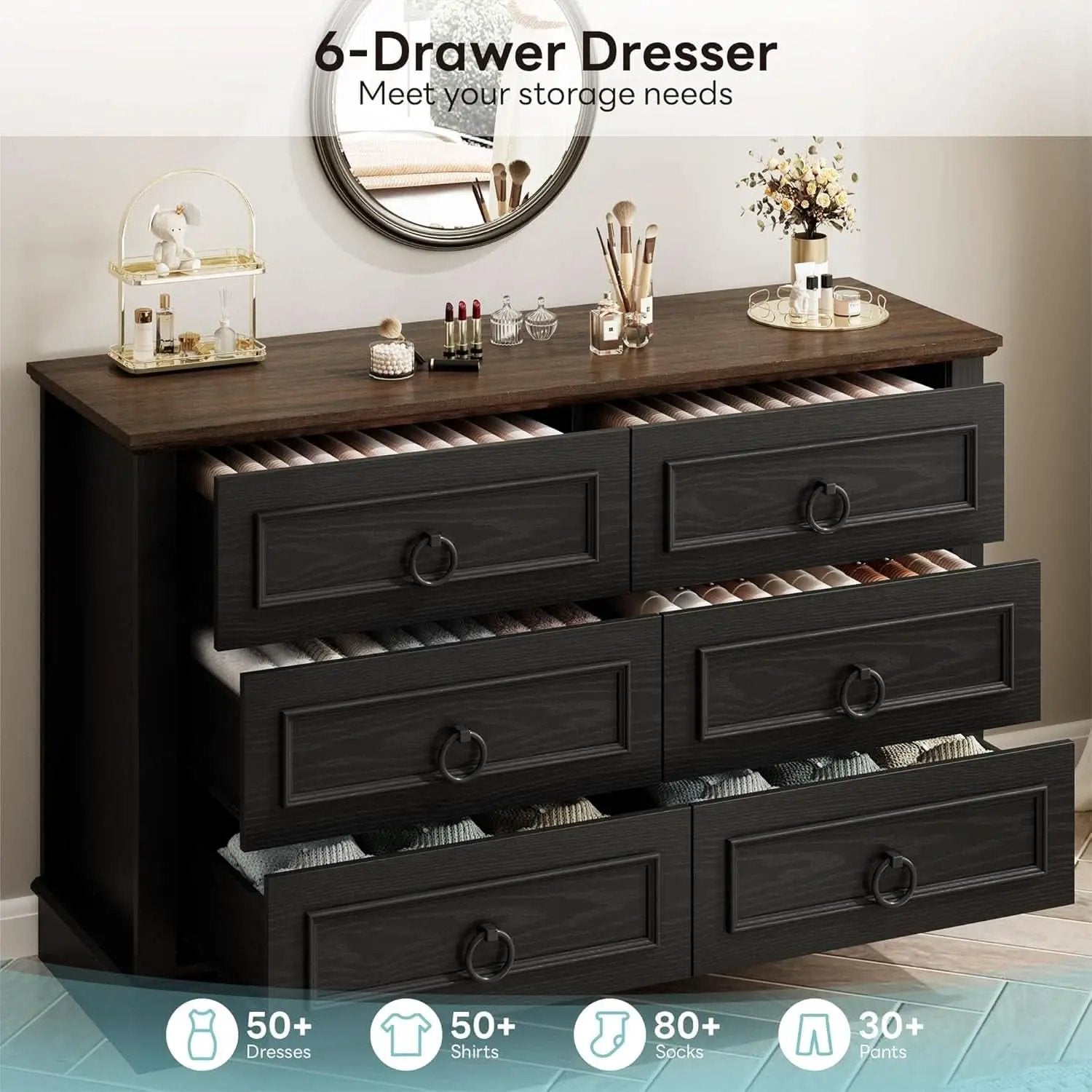 Black FortySevenPointTwoInch Wide Six Drawer Dresser from PriceLows™