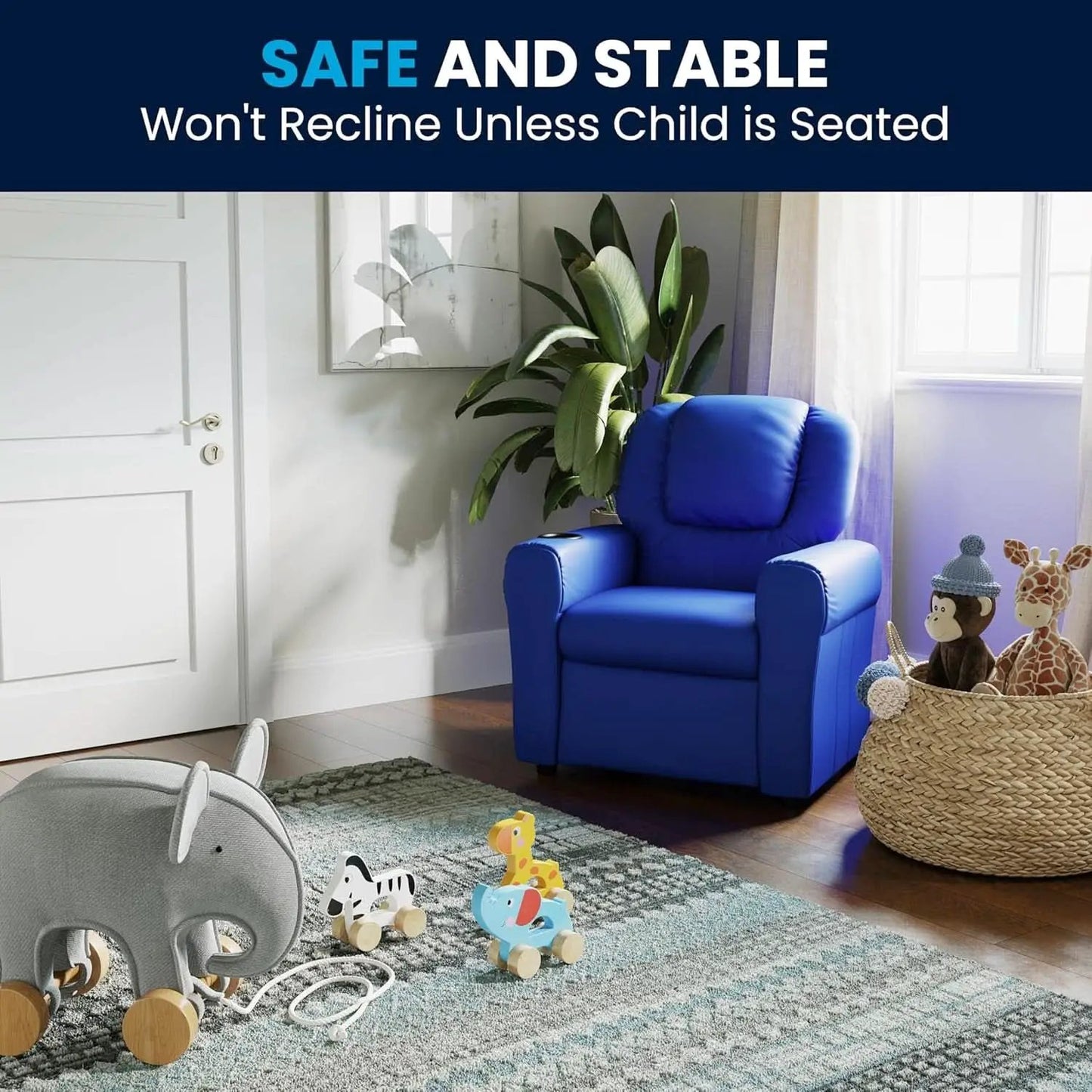 Vana Vinyl Kids Recliner Blue With Cup Holder And Headrest from PriceLows™