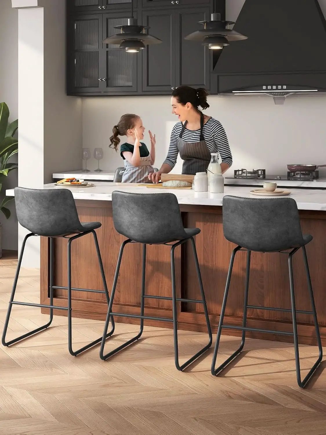 Gray Faux Leather Bar Stools Set Of 3 26 Inch Counter from PriceLows™