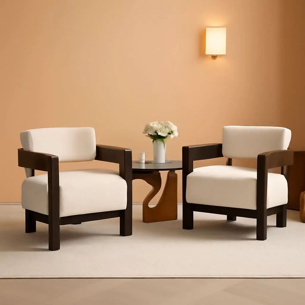 Barrel Accent Chairs White Upholstered Pair Lounge from PriceLows™