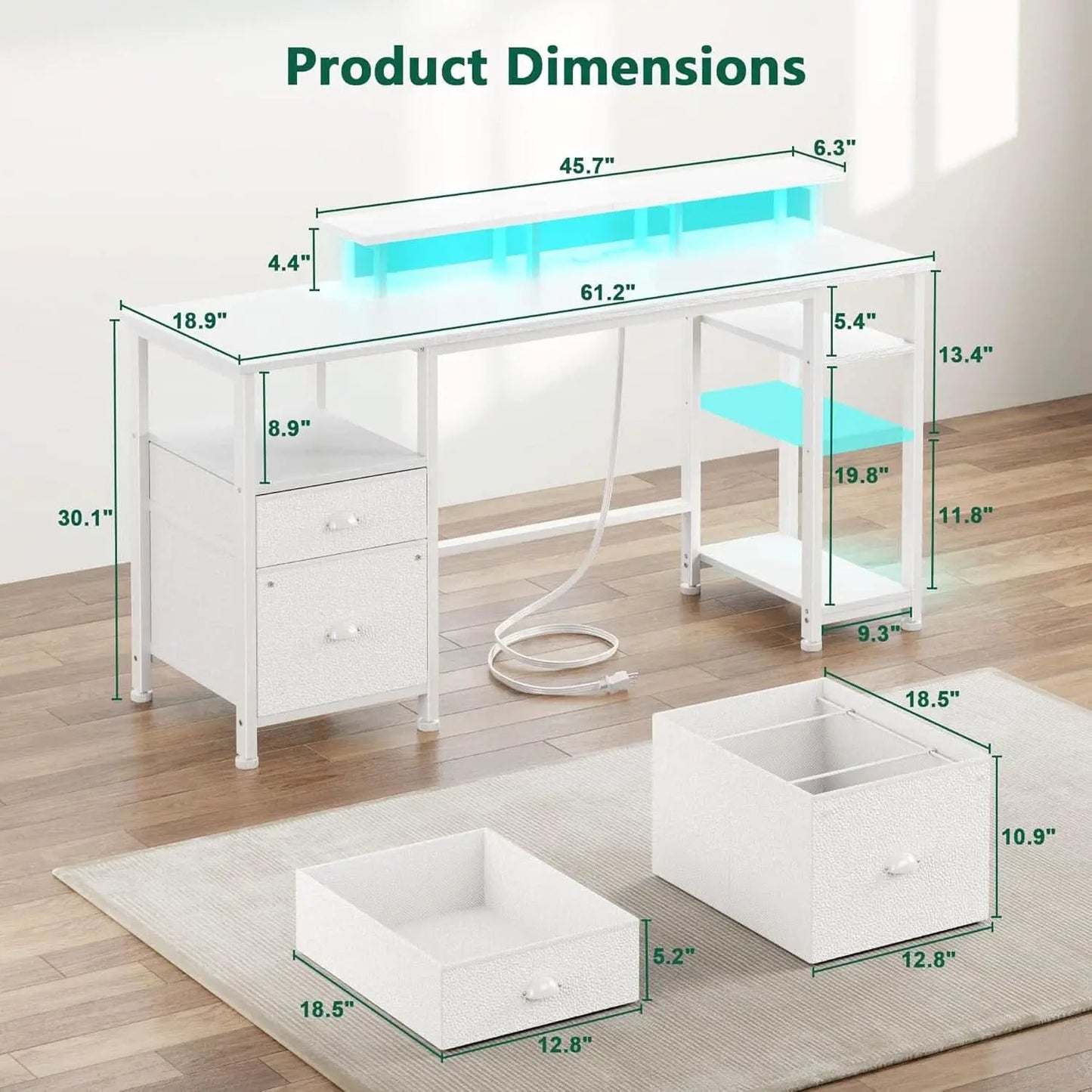 Sixty One Inch Computer Desk LED Illumination White Finish from PriceLows™