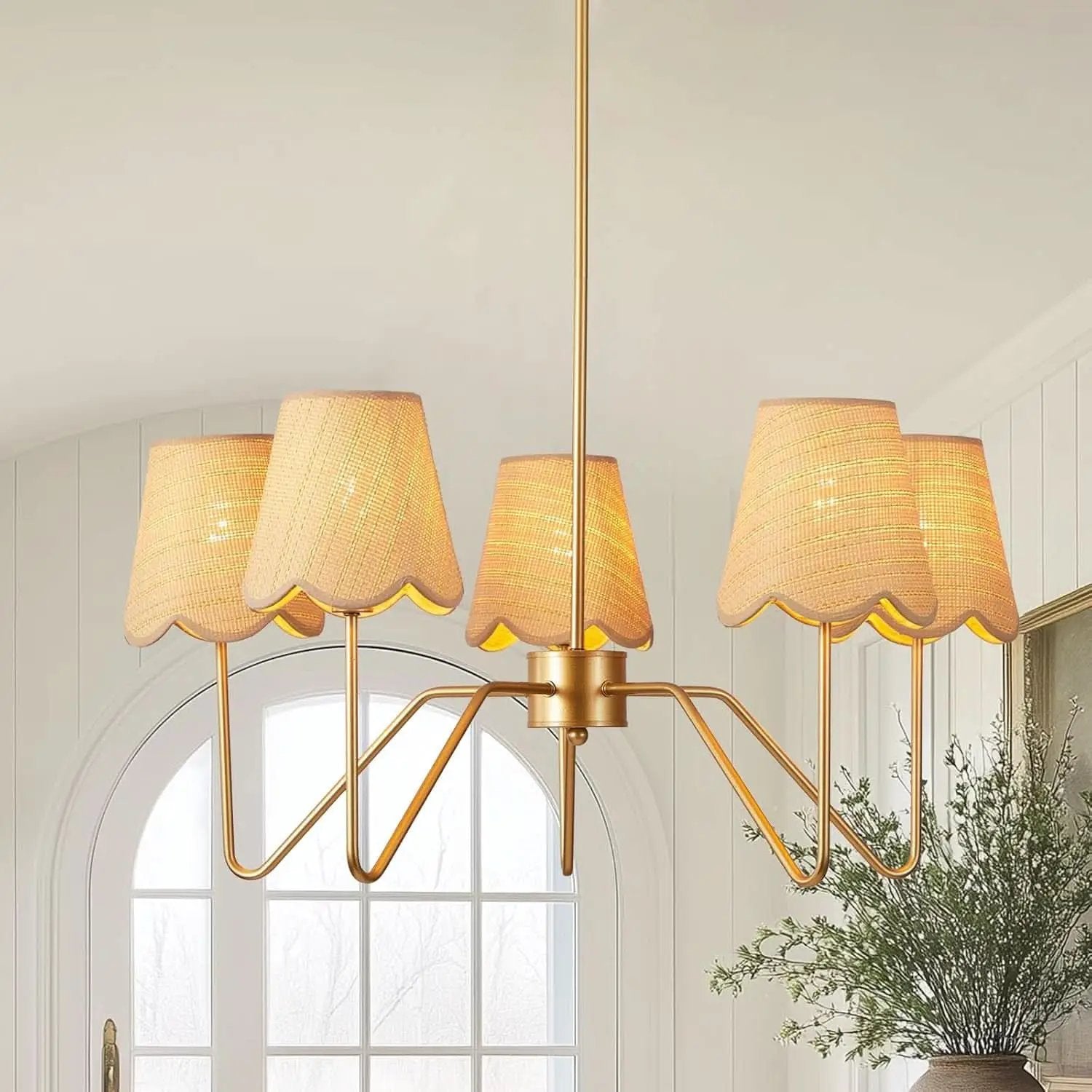 28 Inch Rattan Chandelier Antique Brass Five Light Pendant With Flower Shade Lamps from PriceLows™
