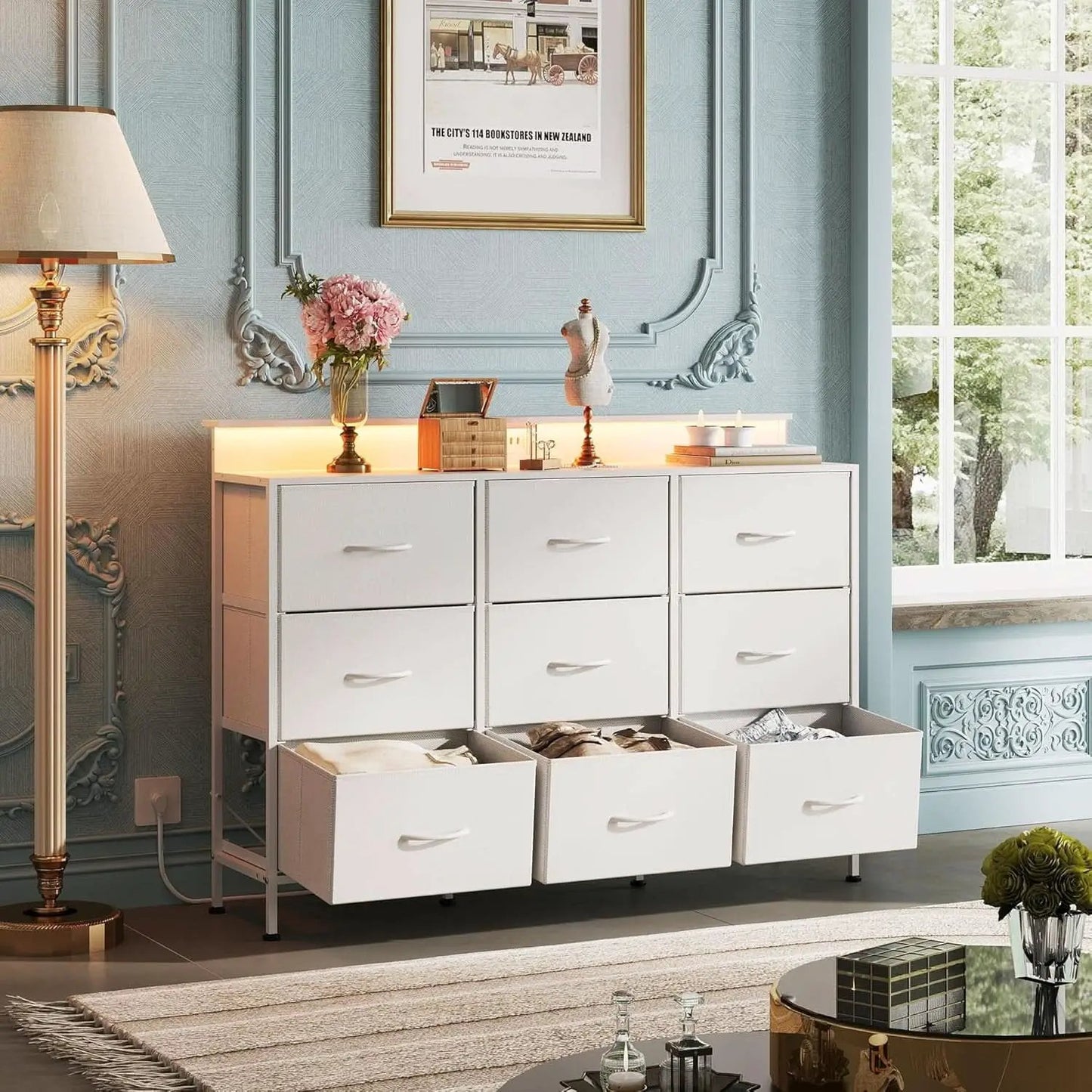 White Dresser TV Stand 55 Inch With LED Lights And Charging from PriceLows™