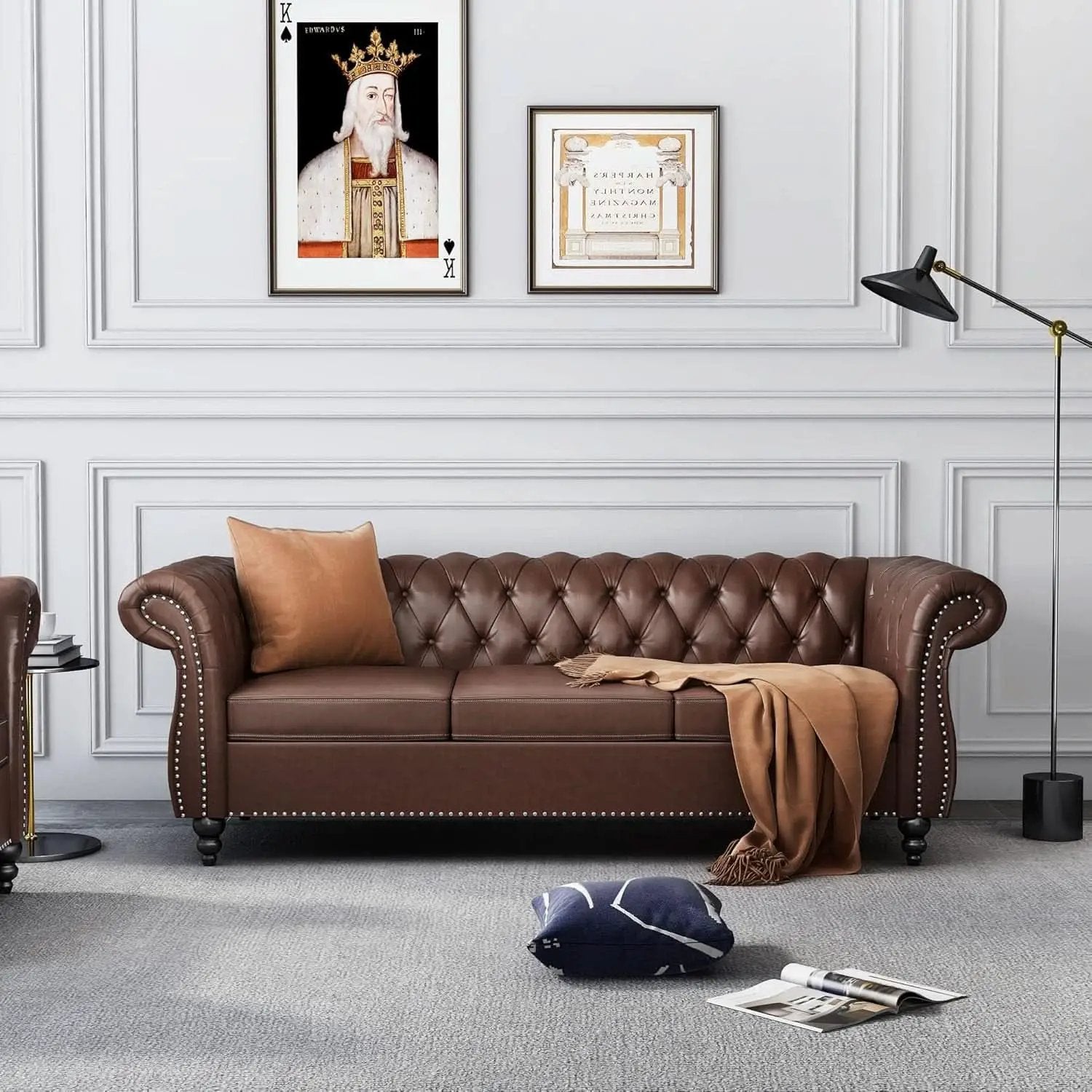 3 Piece Chesterfield Leather Living Room Set Sofa Loveseat Chair Dark Brown with Scroll Arms and Nailhead from PriceLows™