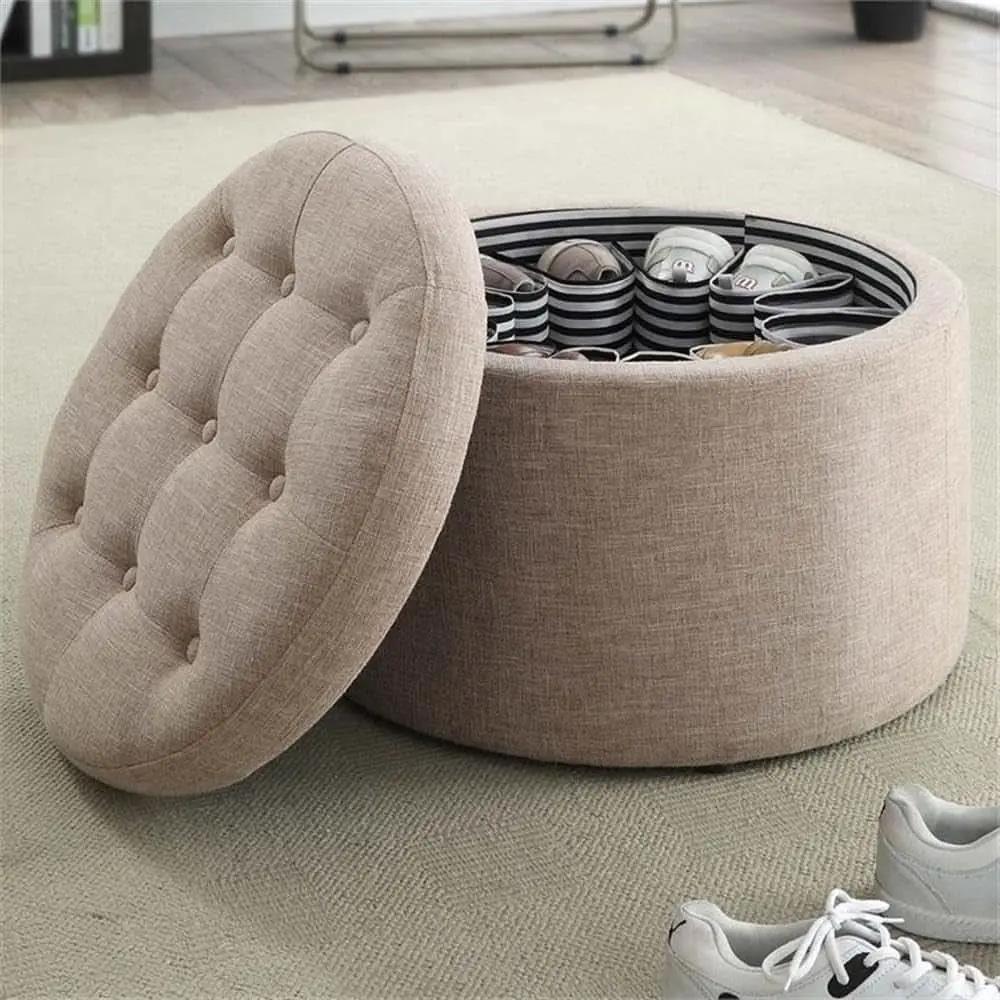 Round Shoe Ottoman Tan Fabric 12 Compartment Storage from PriceLows™