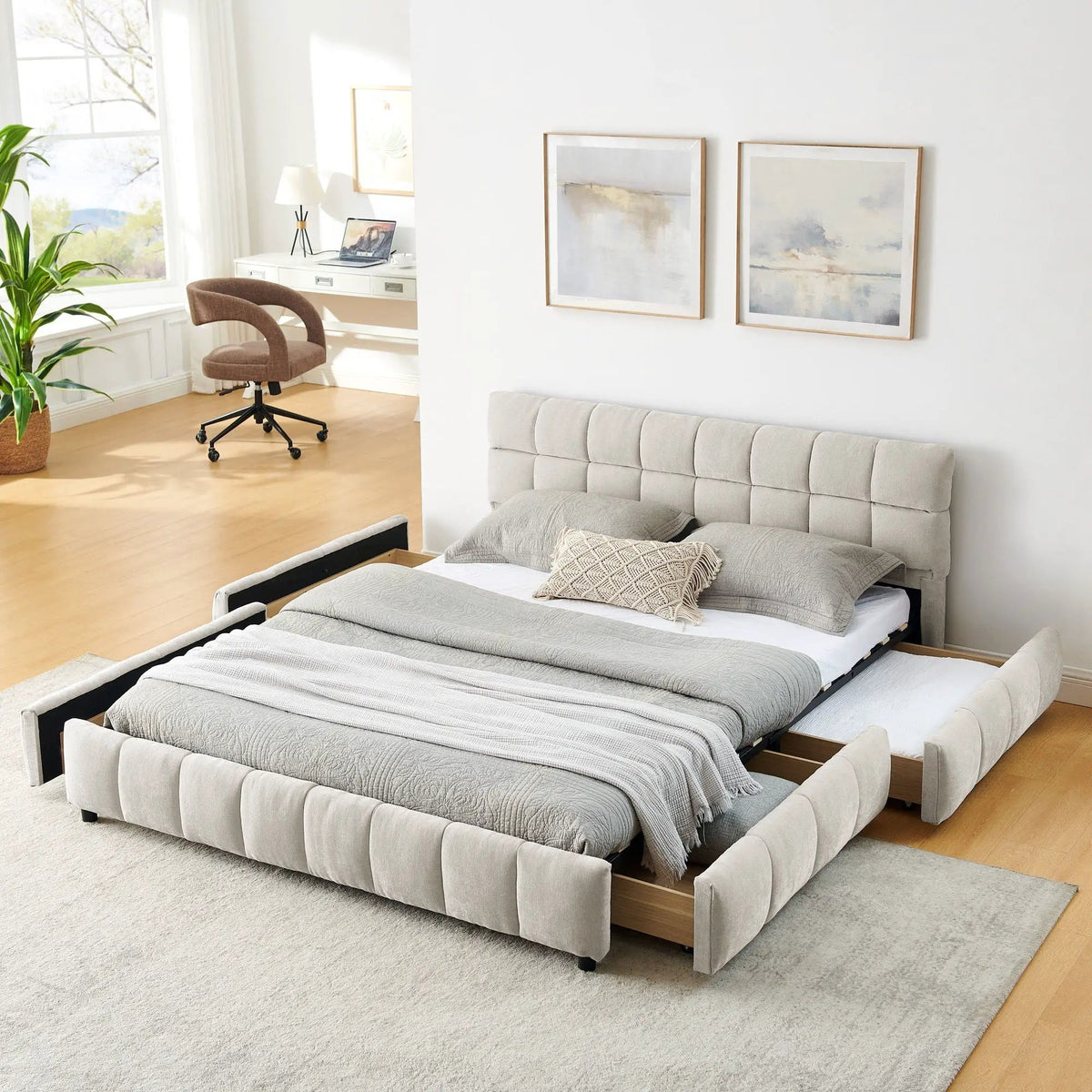 Modern Platform Storage Bed Frame | Thick Fabric Upholstery | Soft Headboard | Solid Construction