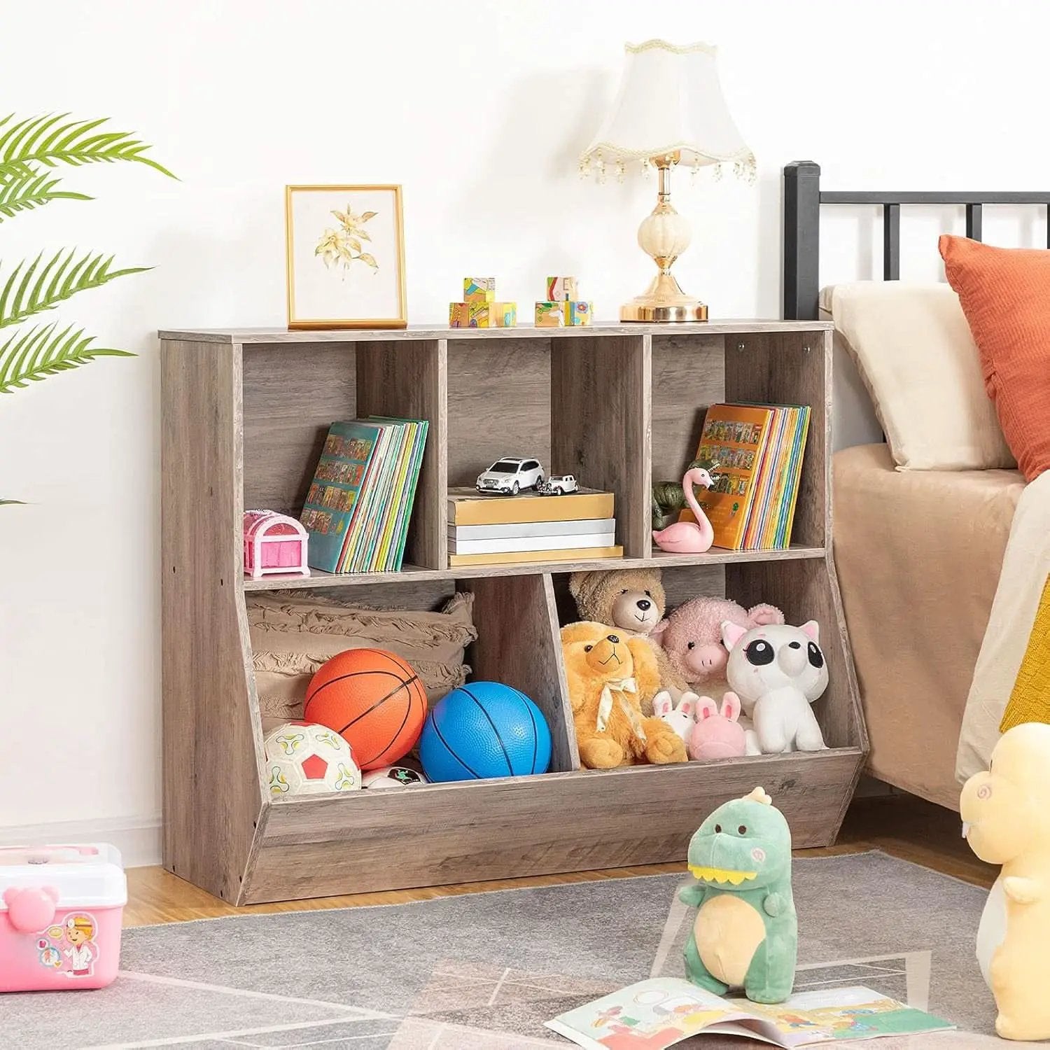 Kids Bookshelf Toy Storage Cabinet 35 Inch Long Greige from PriceLows™