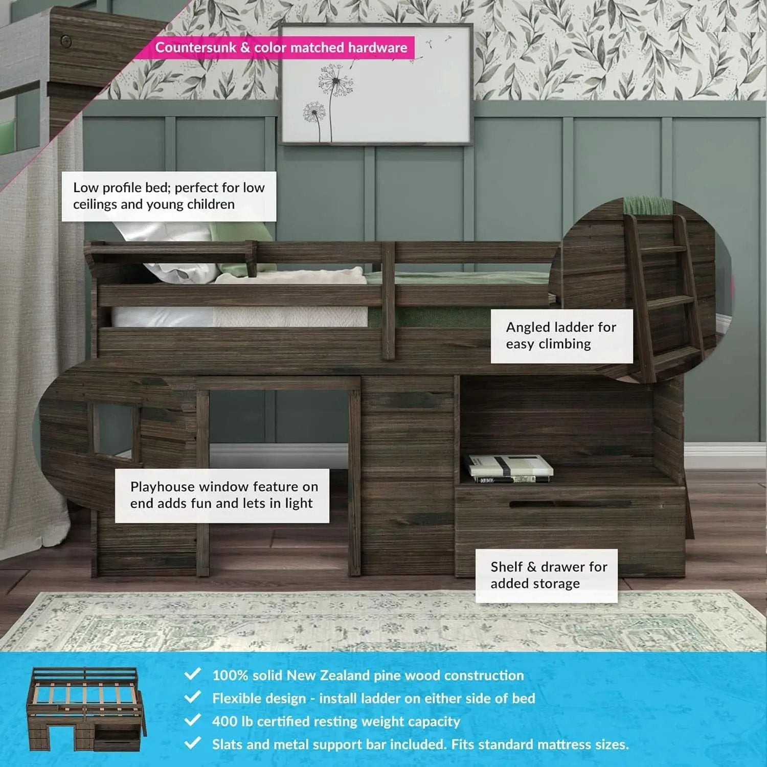 Twin Size Solid Wood Loft Bed With Storage Drawer And Ladder Barnwood Brown from PriceLows™