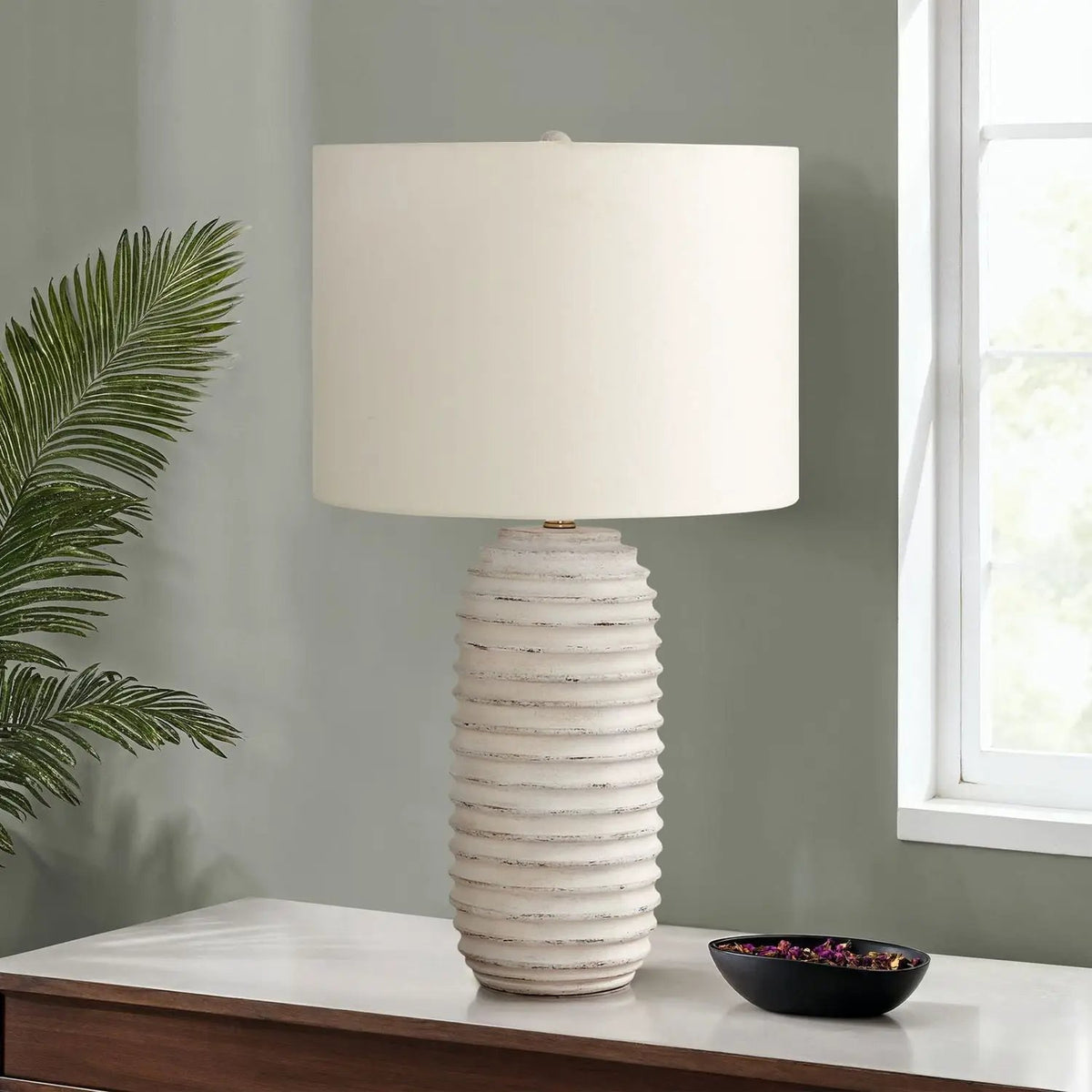 Cream Resin Table Lamp | Ridged Beehive Base | 28 Inch Height | Grey Wood Finial