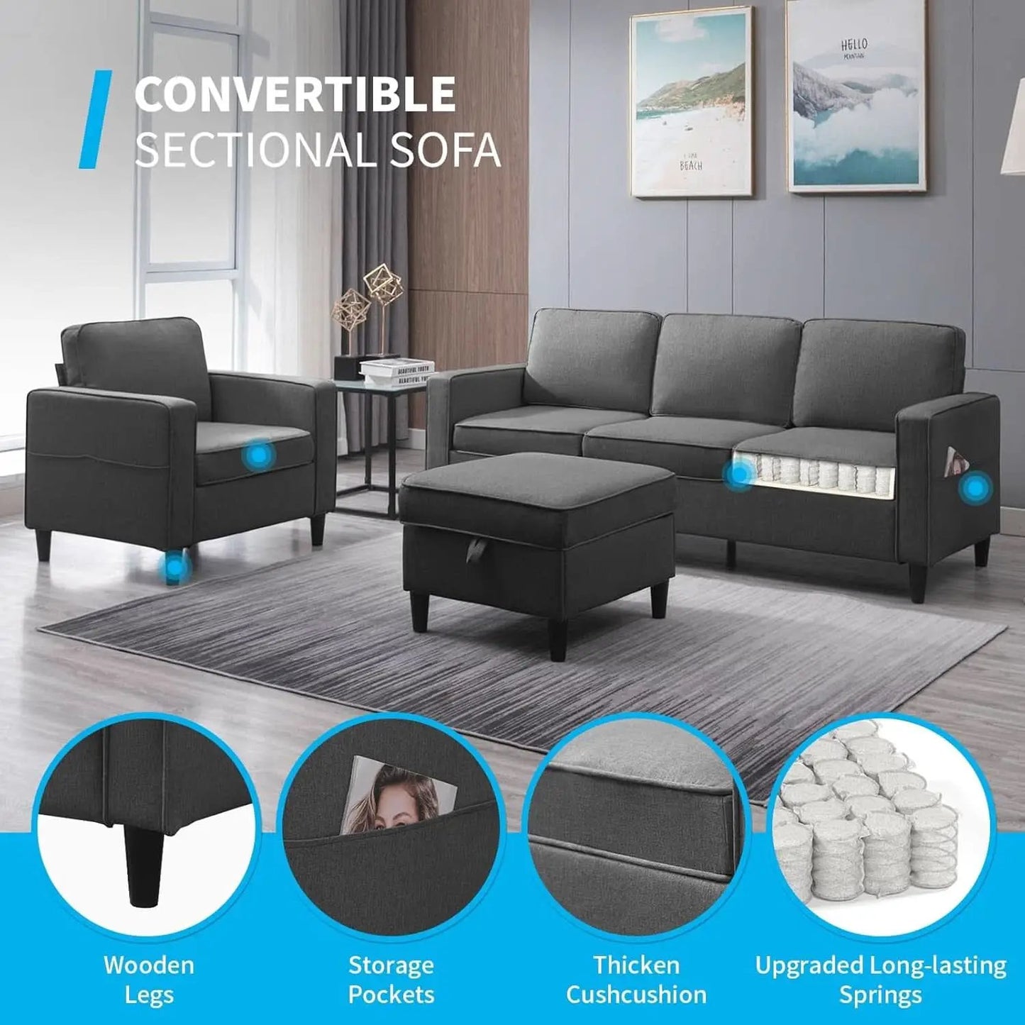 3 Piece Convertible Sofa Set With Linen Upholstery And Storage Ottoman Dark Grey from PriceLows™