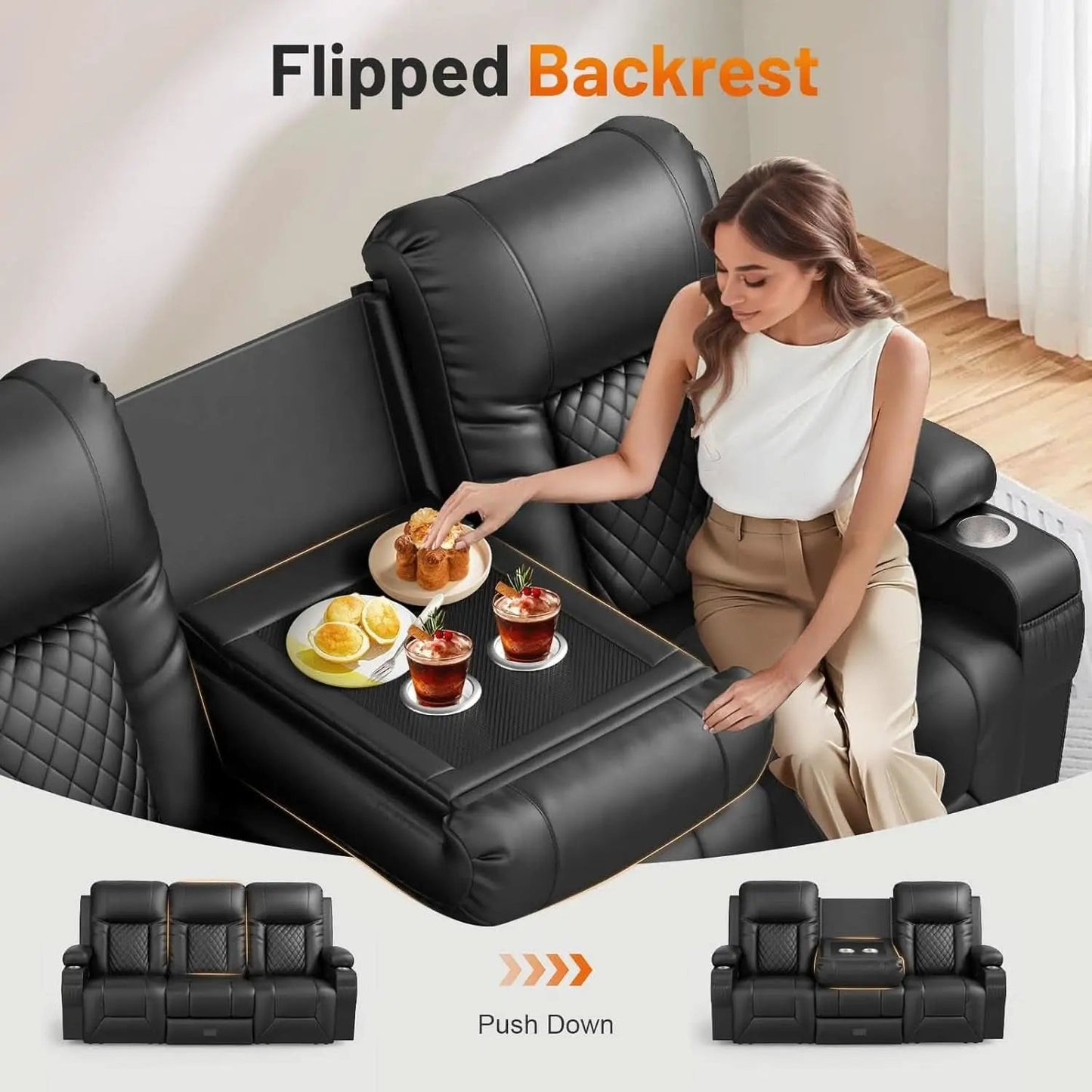 Black PU Leather Four Seater Recliner With USB Ports from PriceLows™