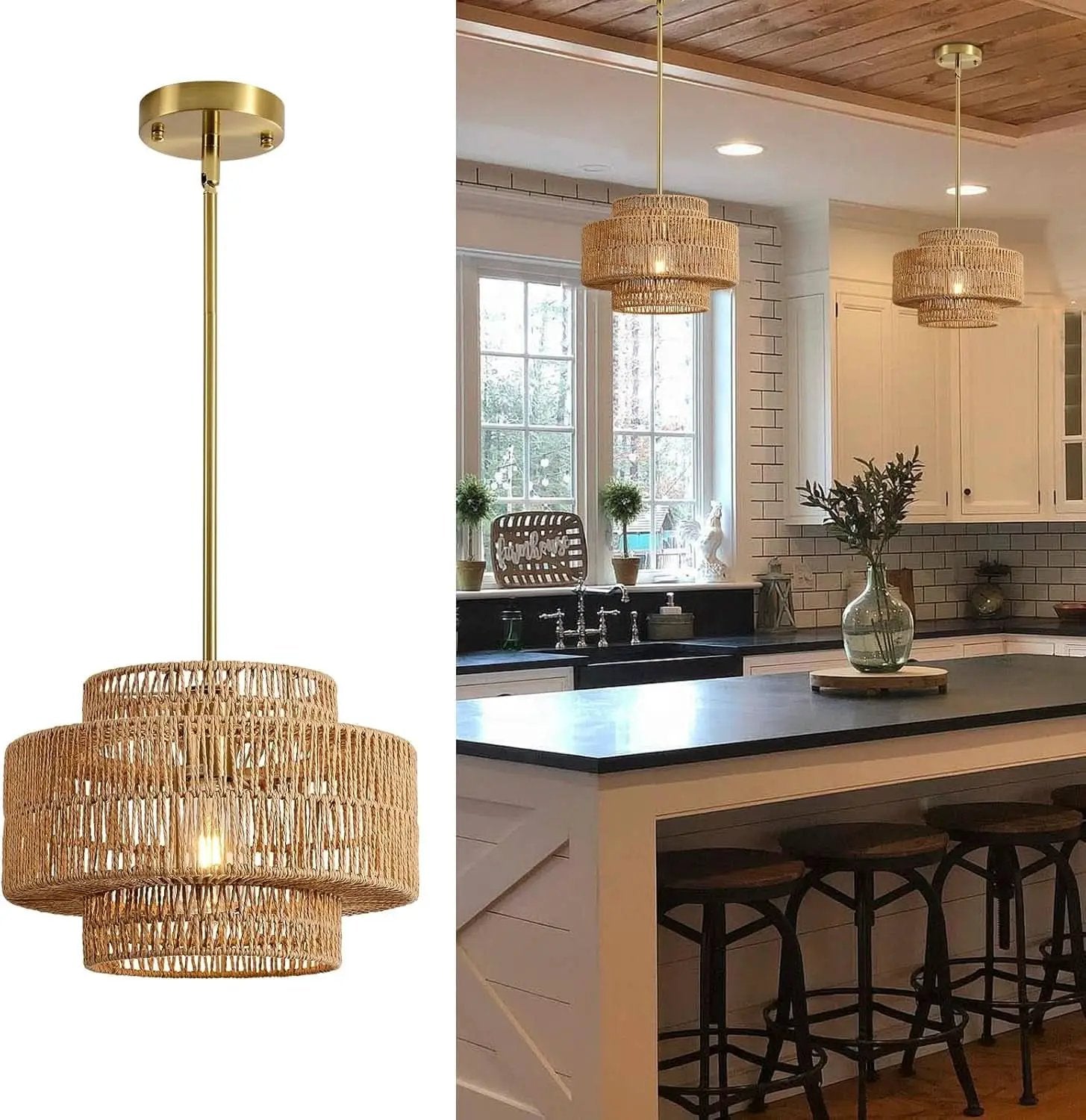 Boho Rattan Chandelier Handwoven Pendant Light Natural from PriceLows™