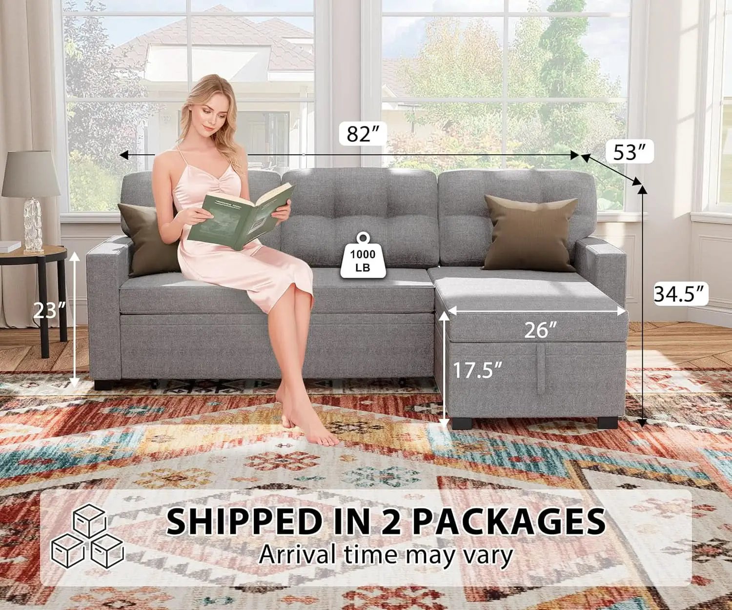 Reversible Sectional Sofa Couch, Sleeper Sofa Bed with Storage Chaise Pull Out Couch for Living Room | Hidden Stroge | Pull Out Bed | Removable Backrest | Linen Fabric, Light Grey from PriceLows™