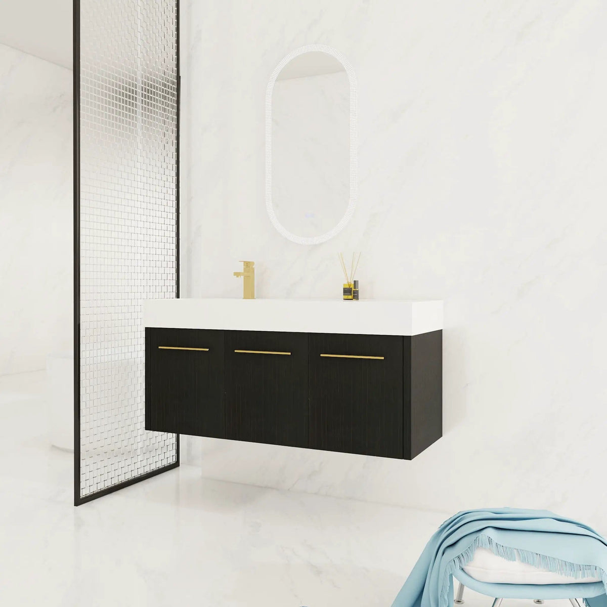 Contemporary 48" Wall Mounted Bathroom Vanity With Resin Sink And Soft Closing Doors | 47.3 x 18.1 x 22.4 in | Stainless Steel & Plywood | Bathroom