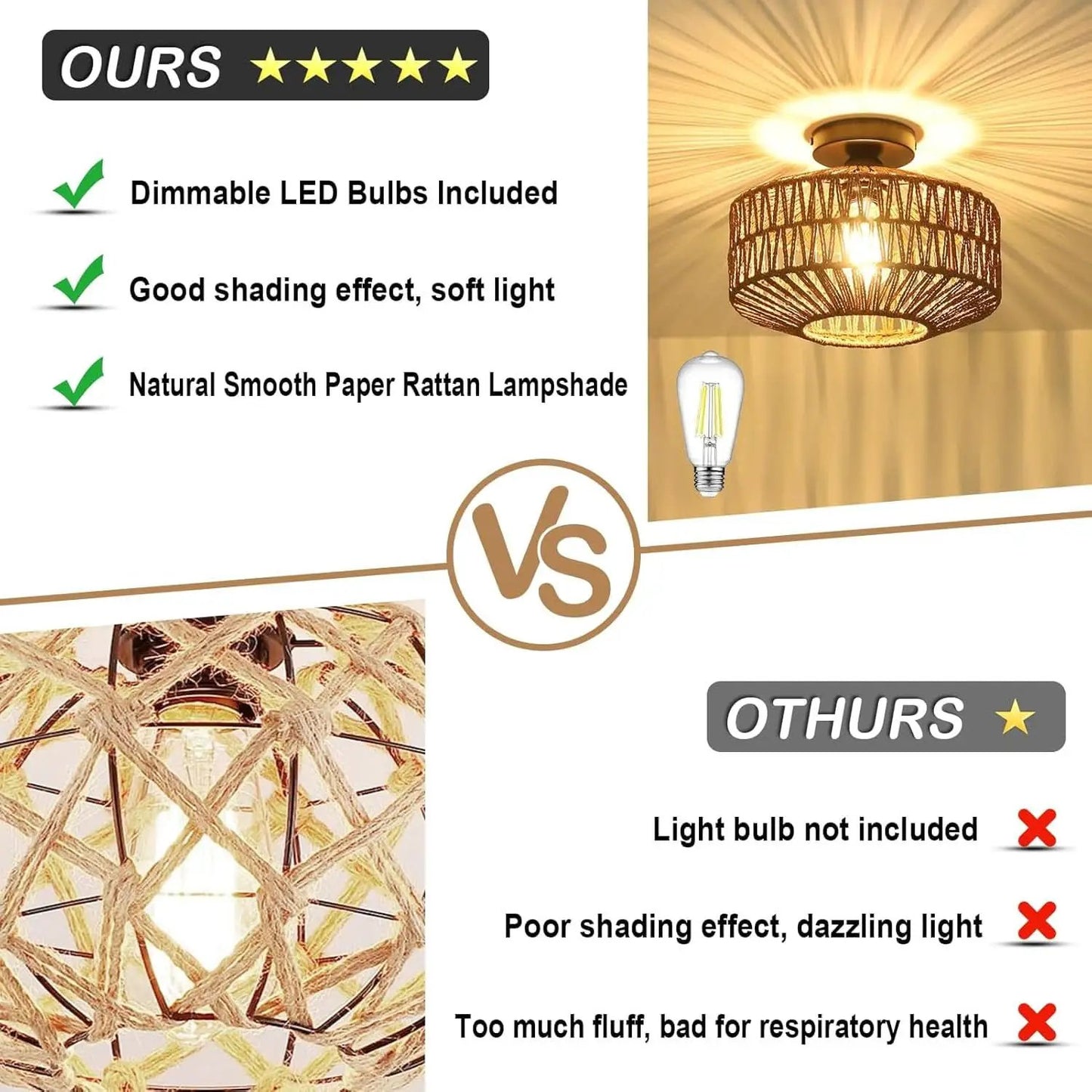 Dark Brown Hand Woven Rattan Ceiling Light With Dimmable LED from PriceLows™