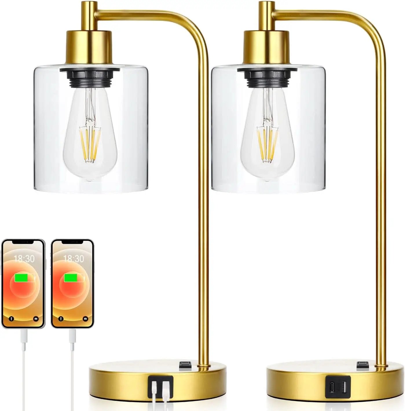 Gold Industrial Touch Table Lamps 2 Pack With USB Ports from PriceLows™