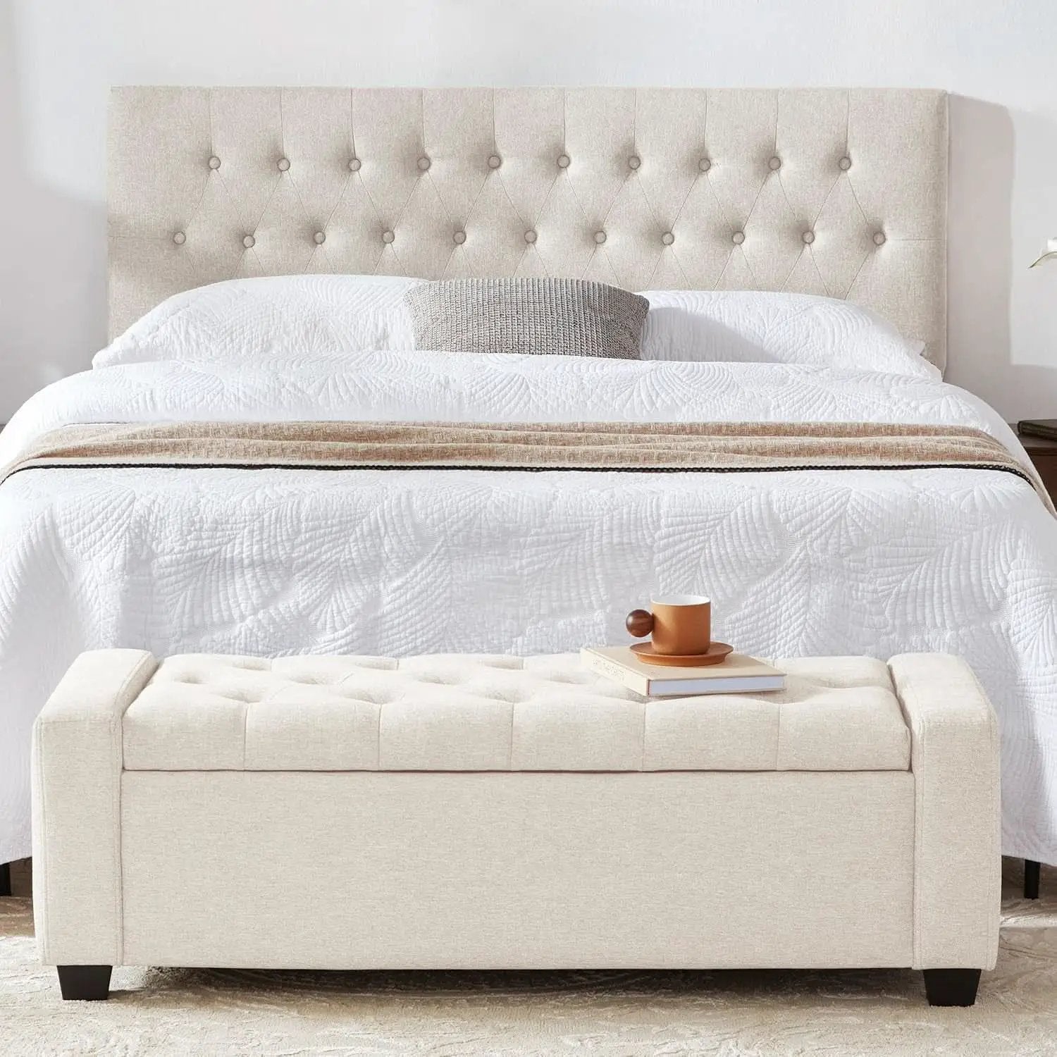 48 Inch Storage Unit Ottoman Bench Upholstered Beige from PriceLows™