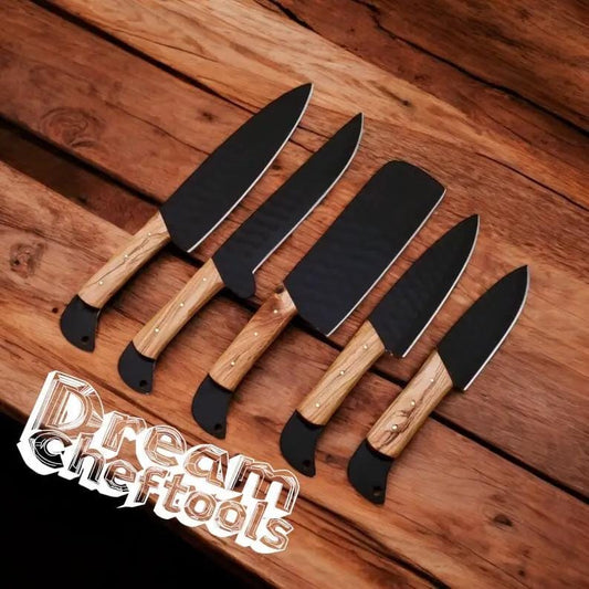 Stainless Steel Knife Set D2 Blades with Camel Bone & Olive Wood Handles in Leather | 13 Inch | Olive Wood | Kitchen Knives Set