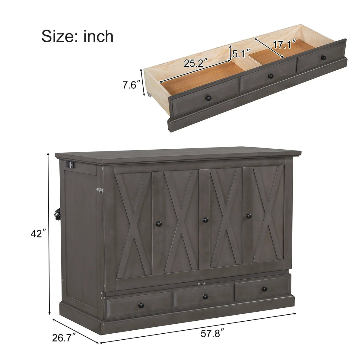Solid Pine Murphy Bed | USB Charging Station | Storage Drawer