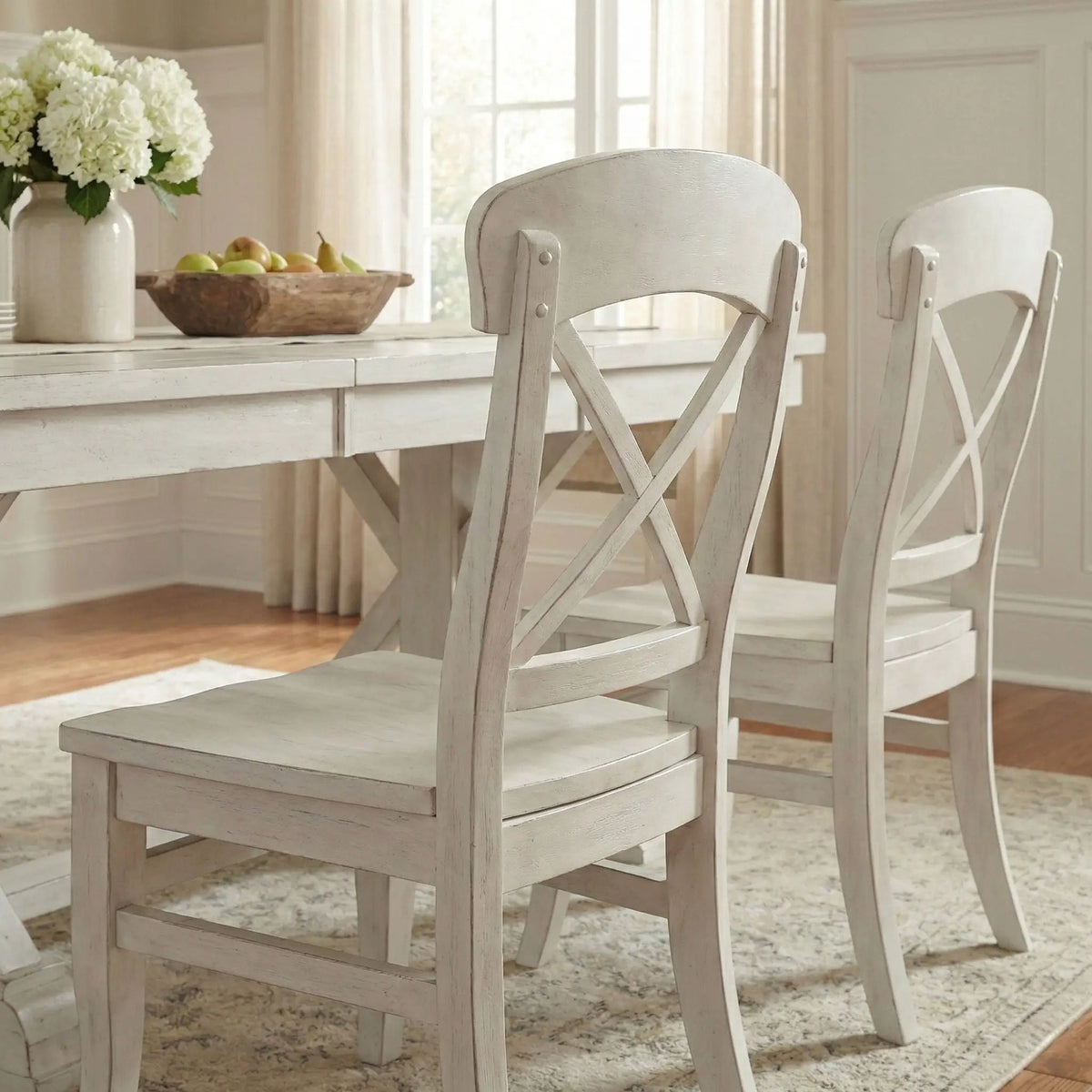 Harola Cross-Back Dining Chairs | Set Of 2 | Smoky White | Saddle-Shape Wood Seats