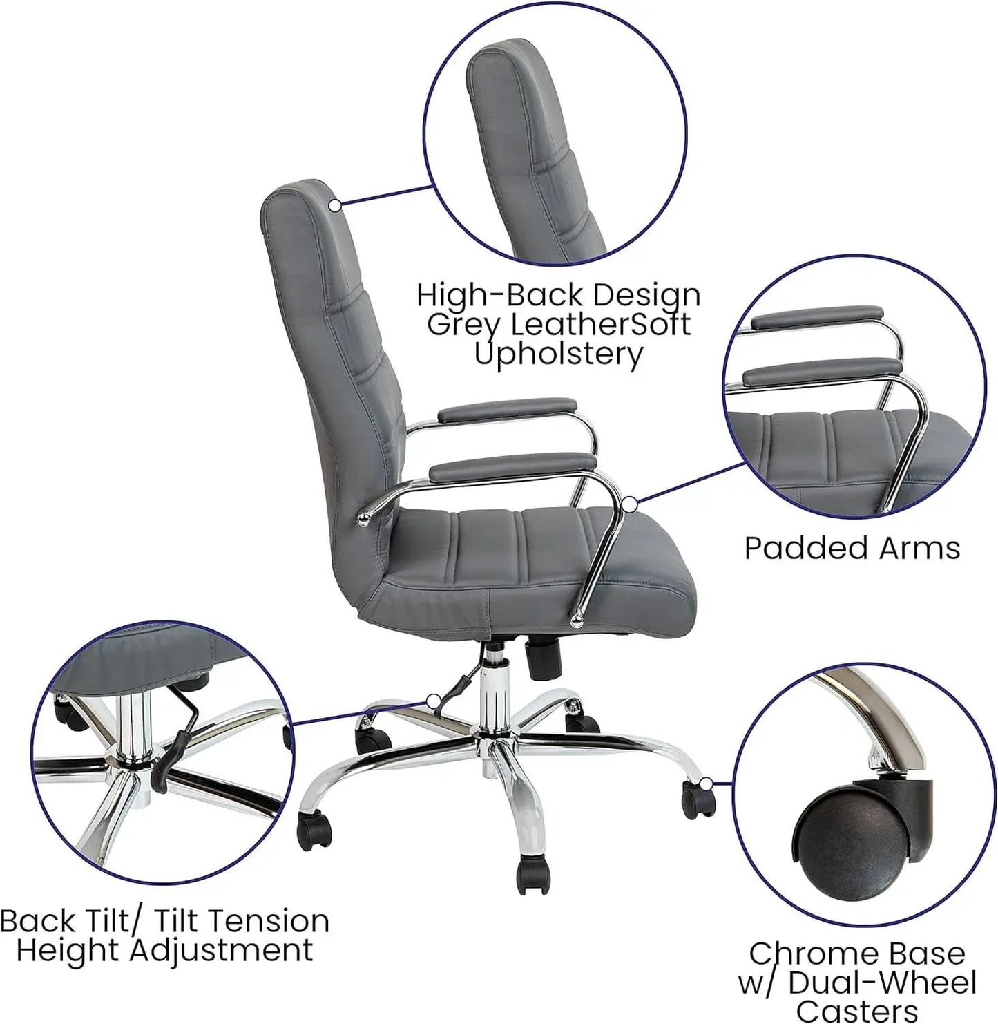 Whitney High Back Leather Office Chair With Adjustable Height Gray Chrome from PriceLows™