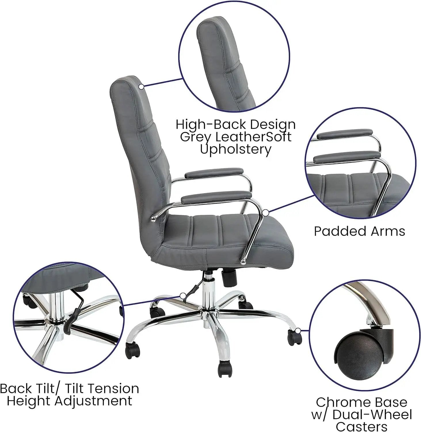 Whitney High Back Leather Office Chair With Adjustable Height Gray Chrome from PriceLows™