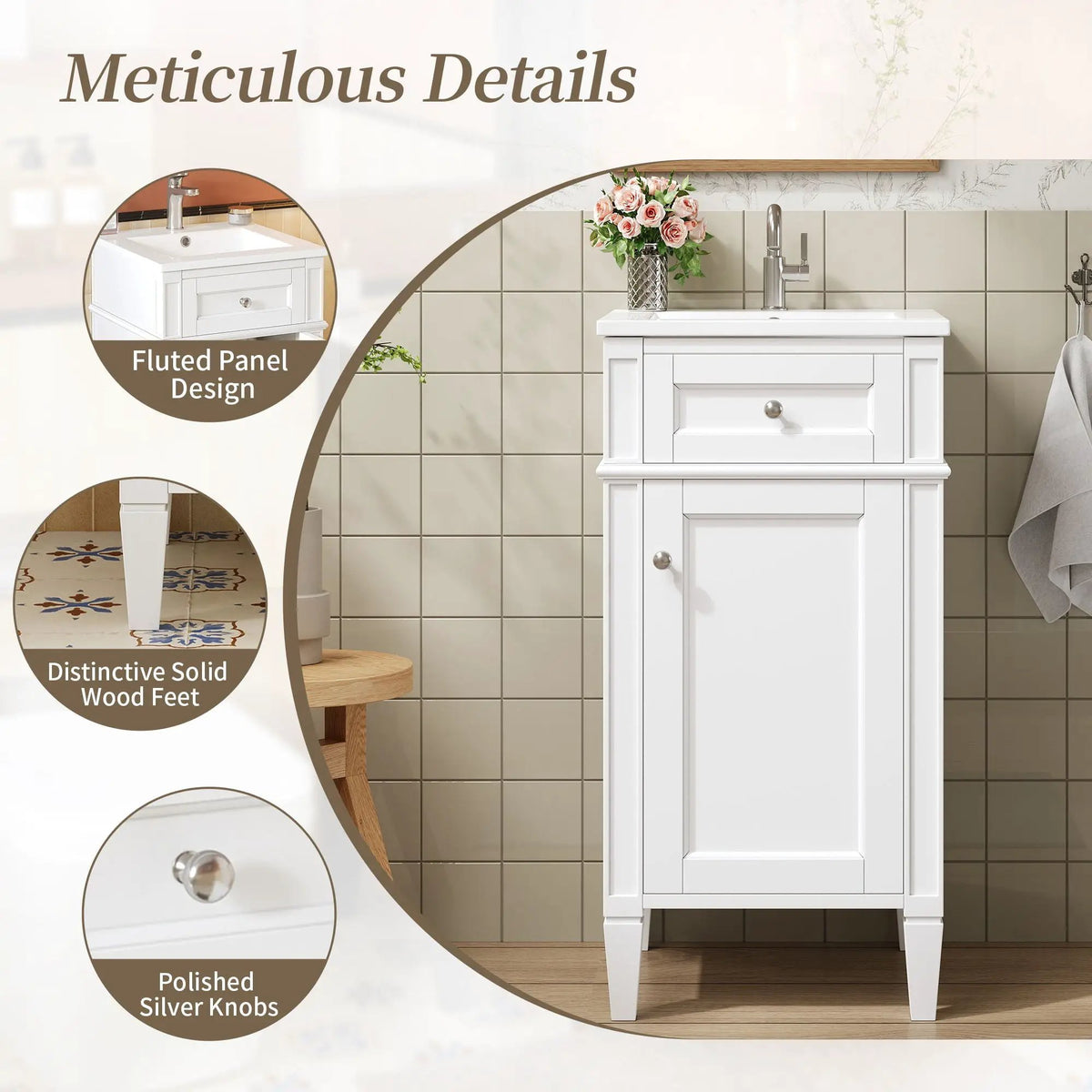 French Style Bathroom Vanity | Integrated Ceramic Sink | Fluted Panels | Solid Wood Legs