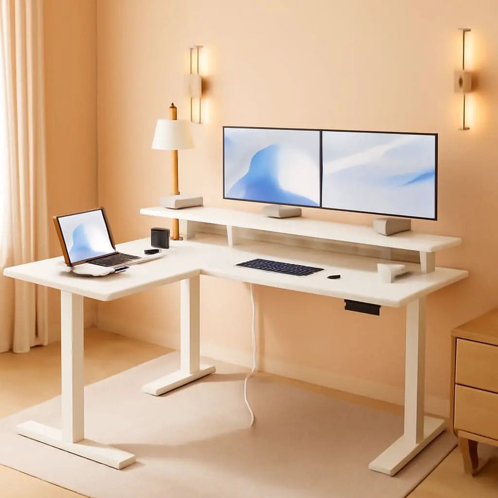 L Shaped Standing Desk 59 Inch Height Adjustable White from PriceLows™
