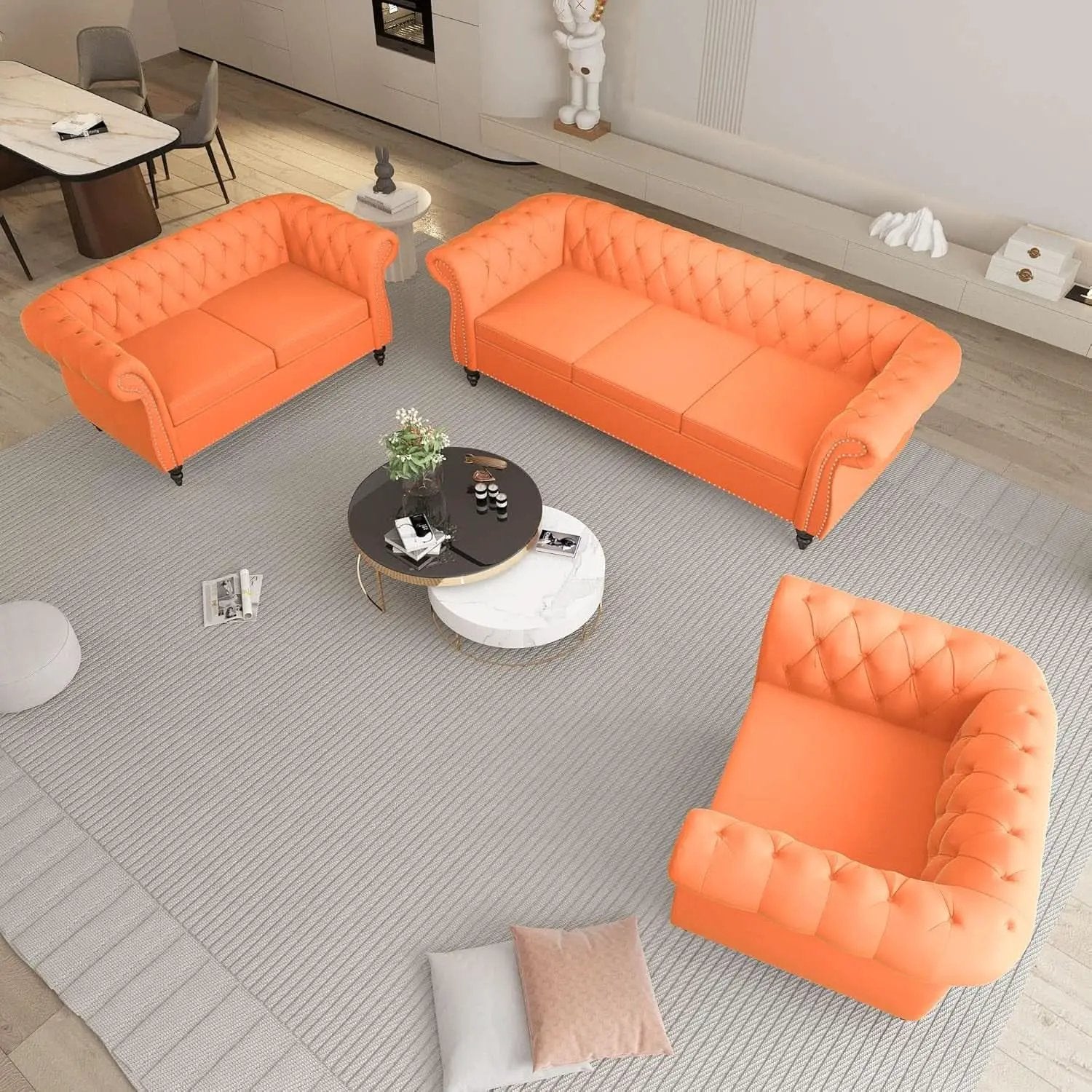 Three Piece Orange Sectional Sofa Set Tufted Living Room from PriceLows™