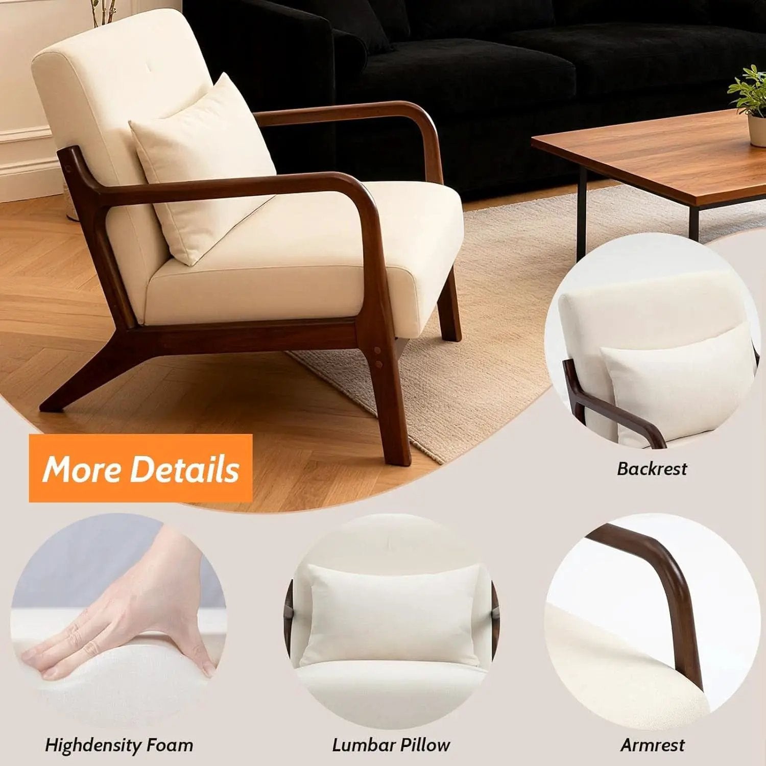 White Linen Upholstered Armchair With Premium Wood from PriceLows™