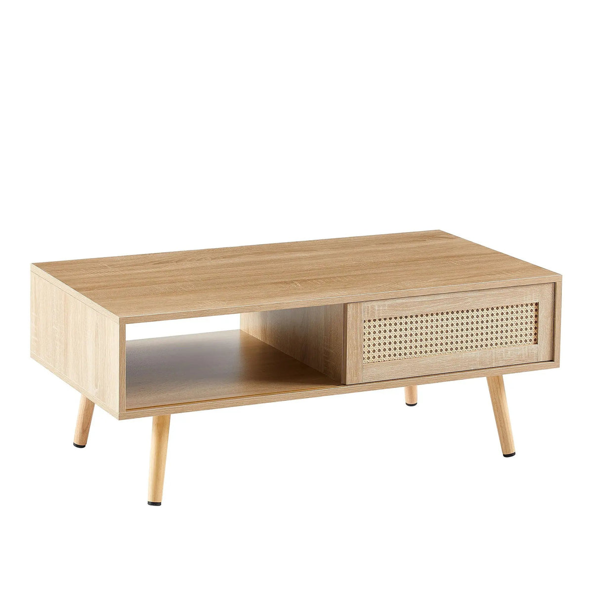 Rattan Coffee Table | 41.34 Inch Width | Sliding Storage Door | Solid Wood Legs