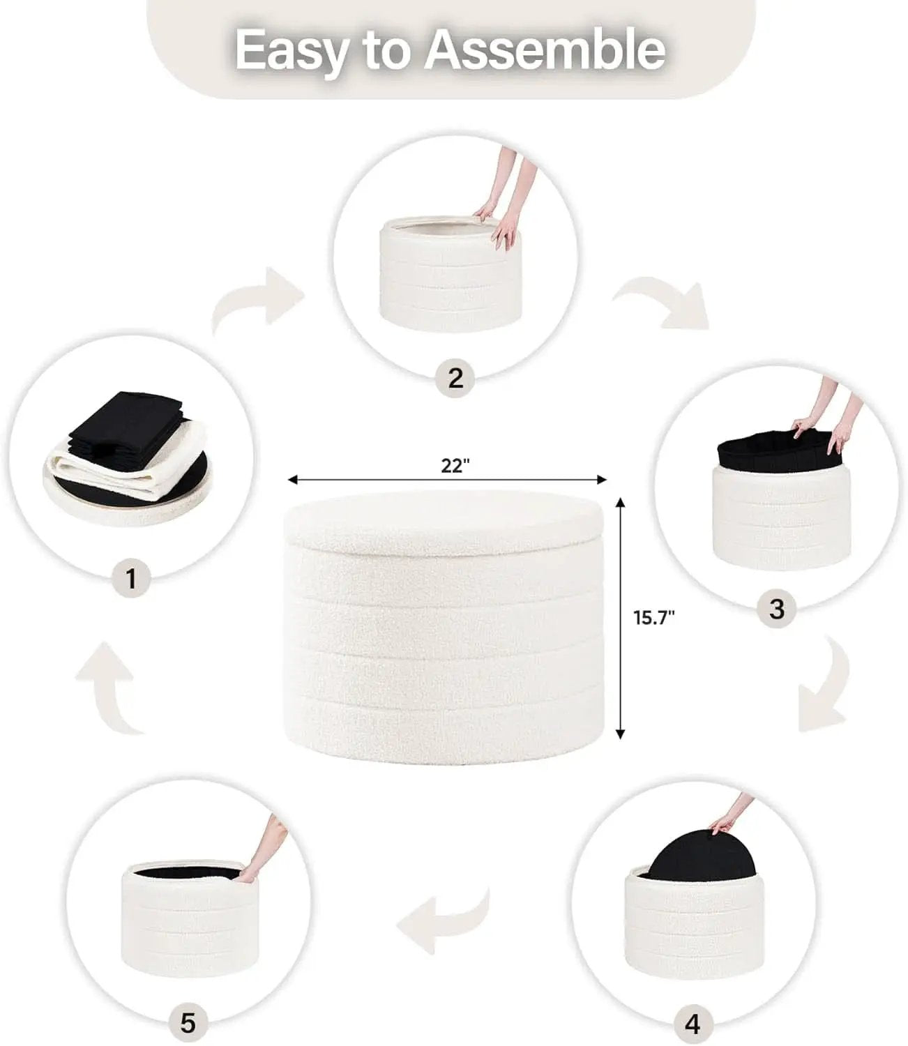 Round Sherpa Boucle Storage Ottoman White 22 Inches from PriceLows™