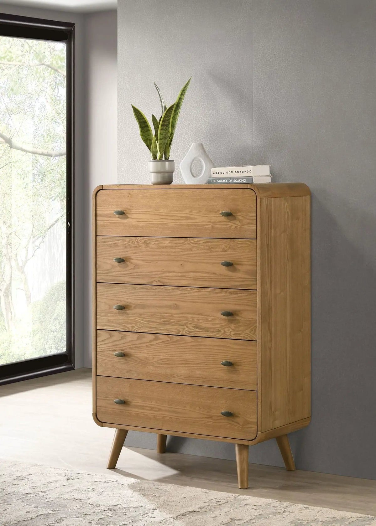 Robyn 5-drawer Bedroom Chest of Drawers Light Ash | 35.75 x 17 x 52.75 in | Rubberwood & Engineered Wood | Bedroom