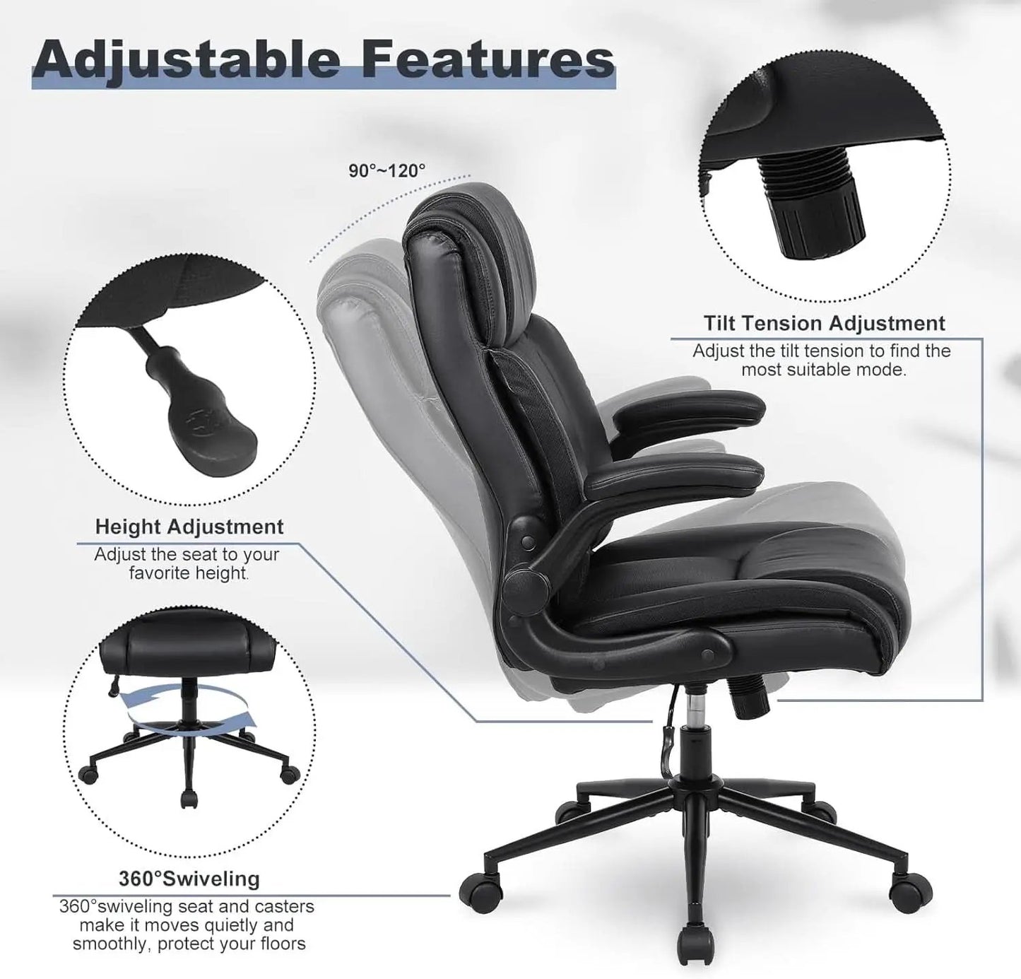 Black Leather Office Chair With Flip Up Armrests And Wheels from PriceLows™