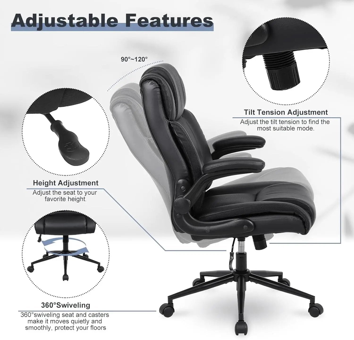 Black Leather Office Chair With Flip Up Armrests And Wheels from PriceLows™