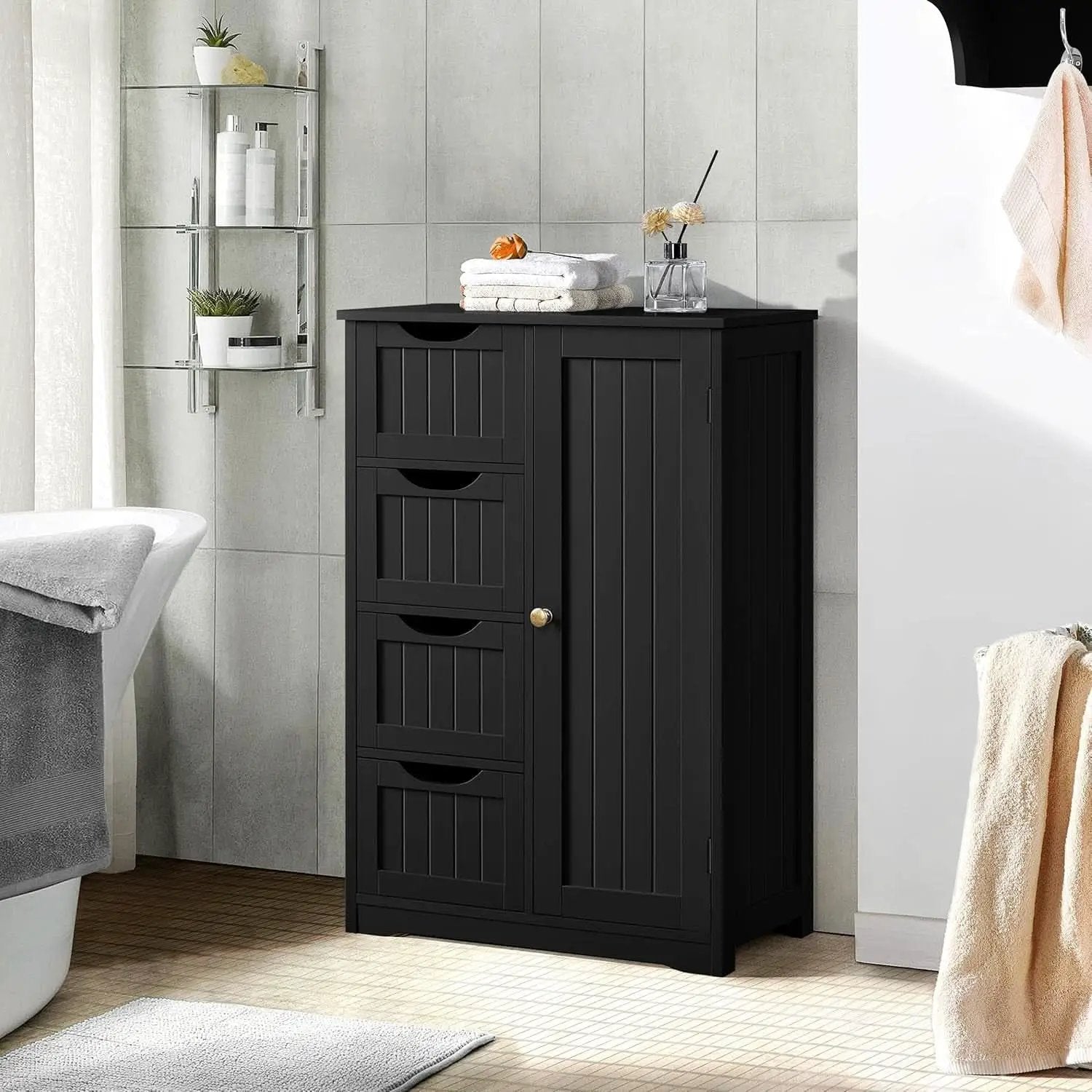 Wooden Bathroom Floor Storage Cabinet With 4 Drawers And Cupboard Freestanding from PriceLows™