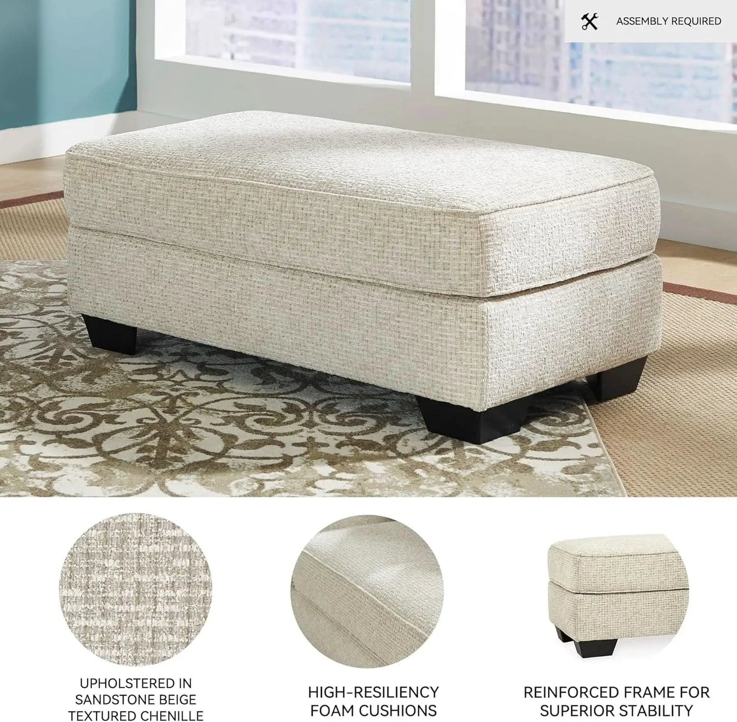 Beige Chenille Upholstered Ottoman With Cushioned Comfort from PriceLows™