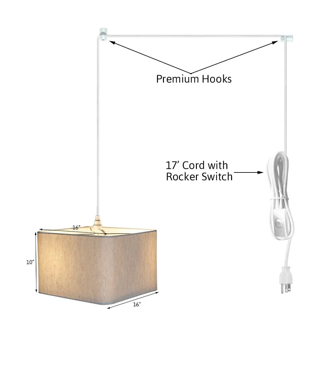 2 Light Plug In Swag Pendant | 16 Inch Width | Oatmeal Drum Shade | White