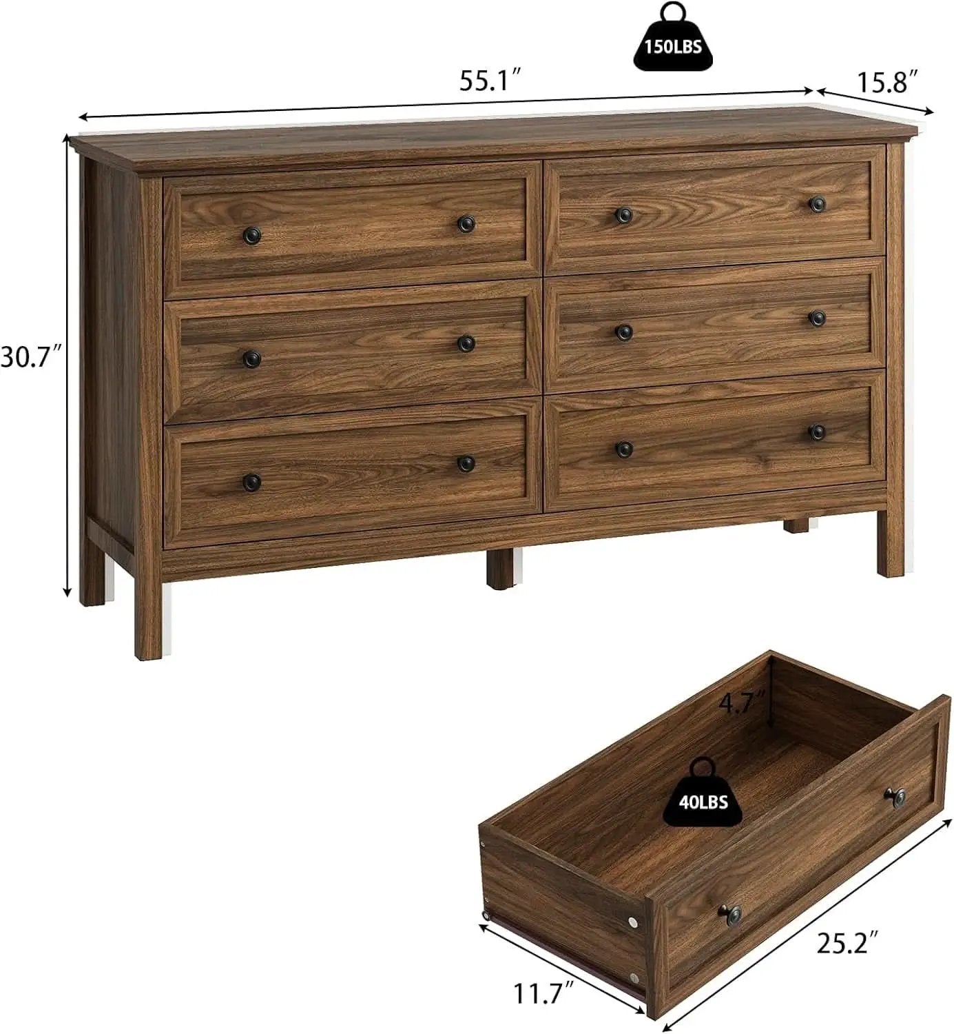 55 Inch Walnut Dresser With Six Drawers For Bedroom from PriceLows™