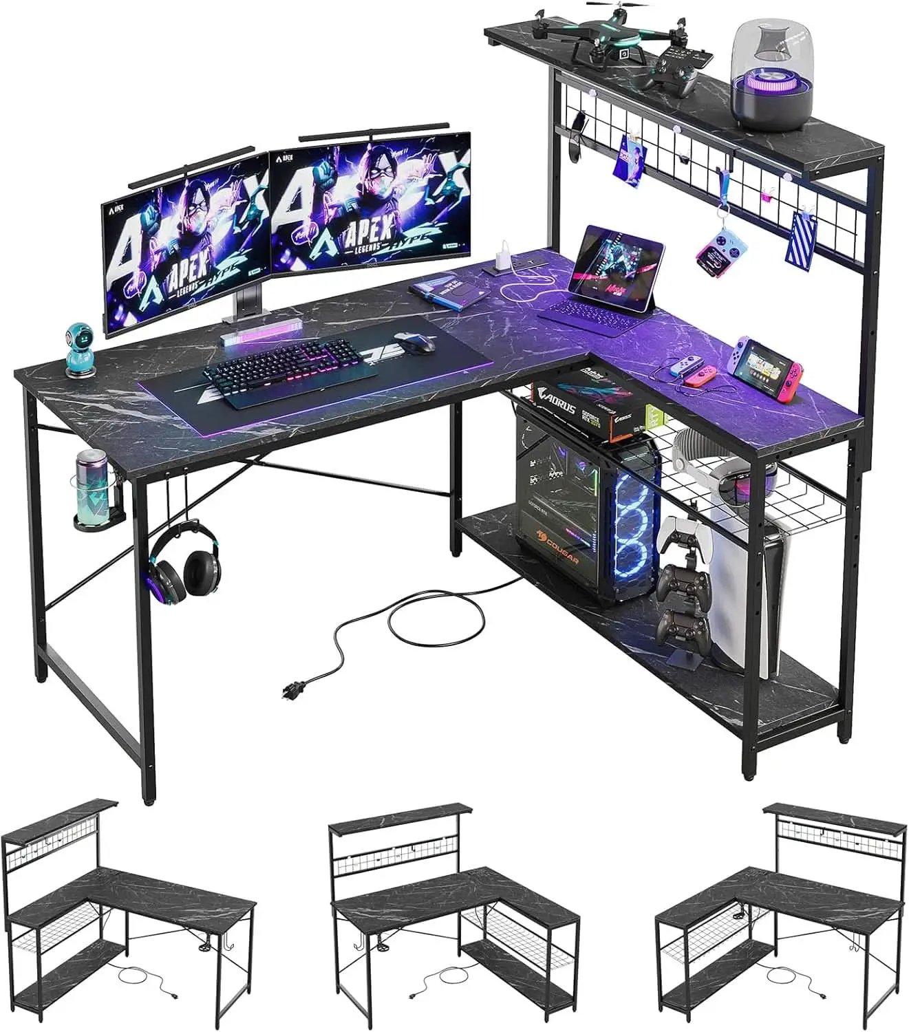 51 Inch L Shaped Gaming Desk With LED Lights 4 Tier Shelves from PriceLows™