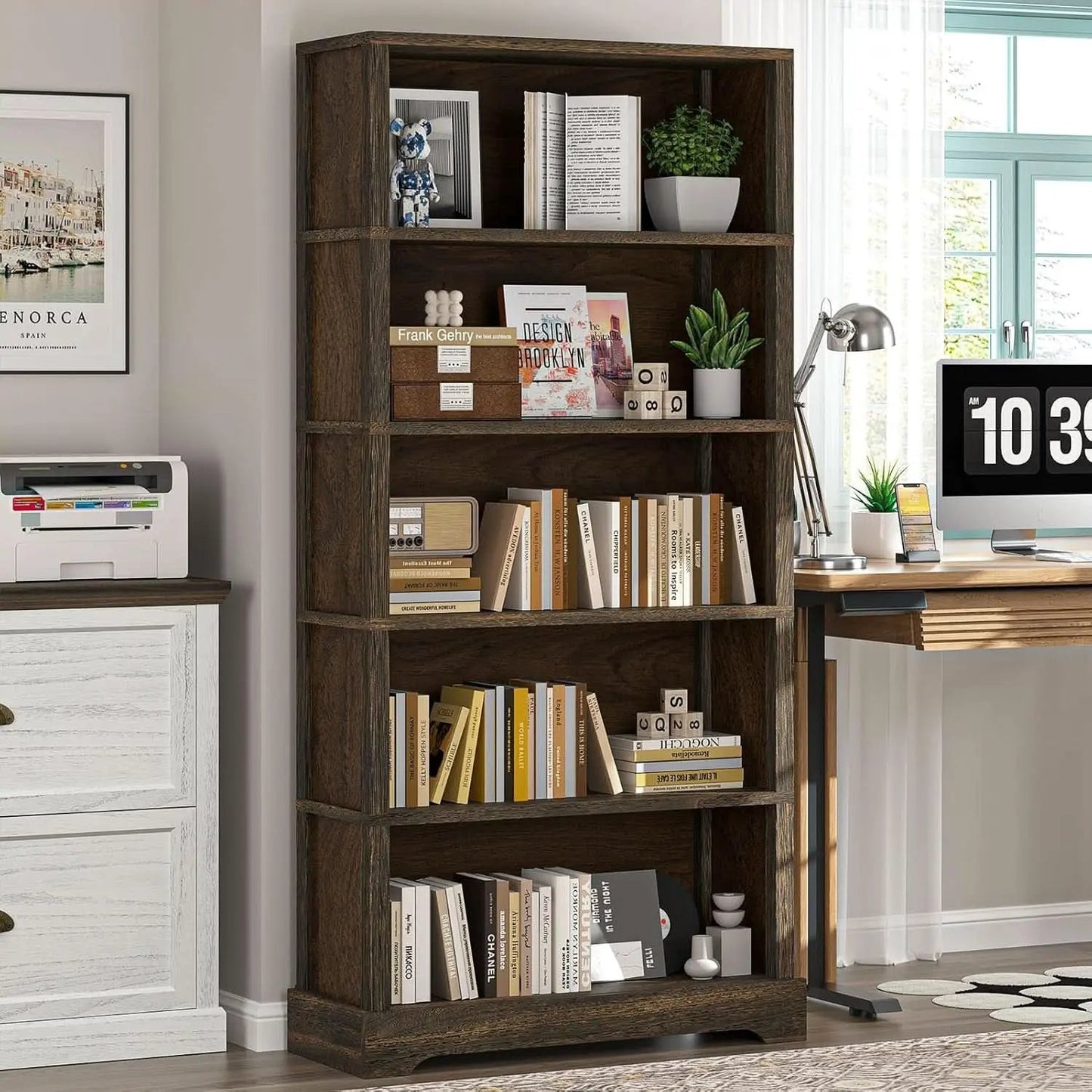 65 Inch Solid Hardwood Bookshelf With Five Tier Open from PriceLows™