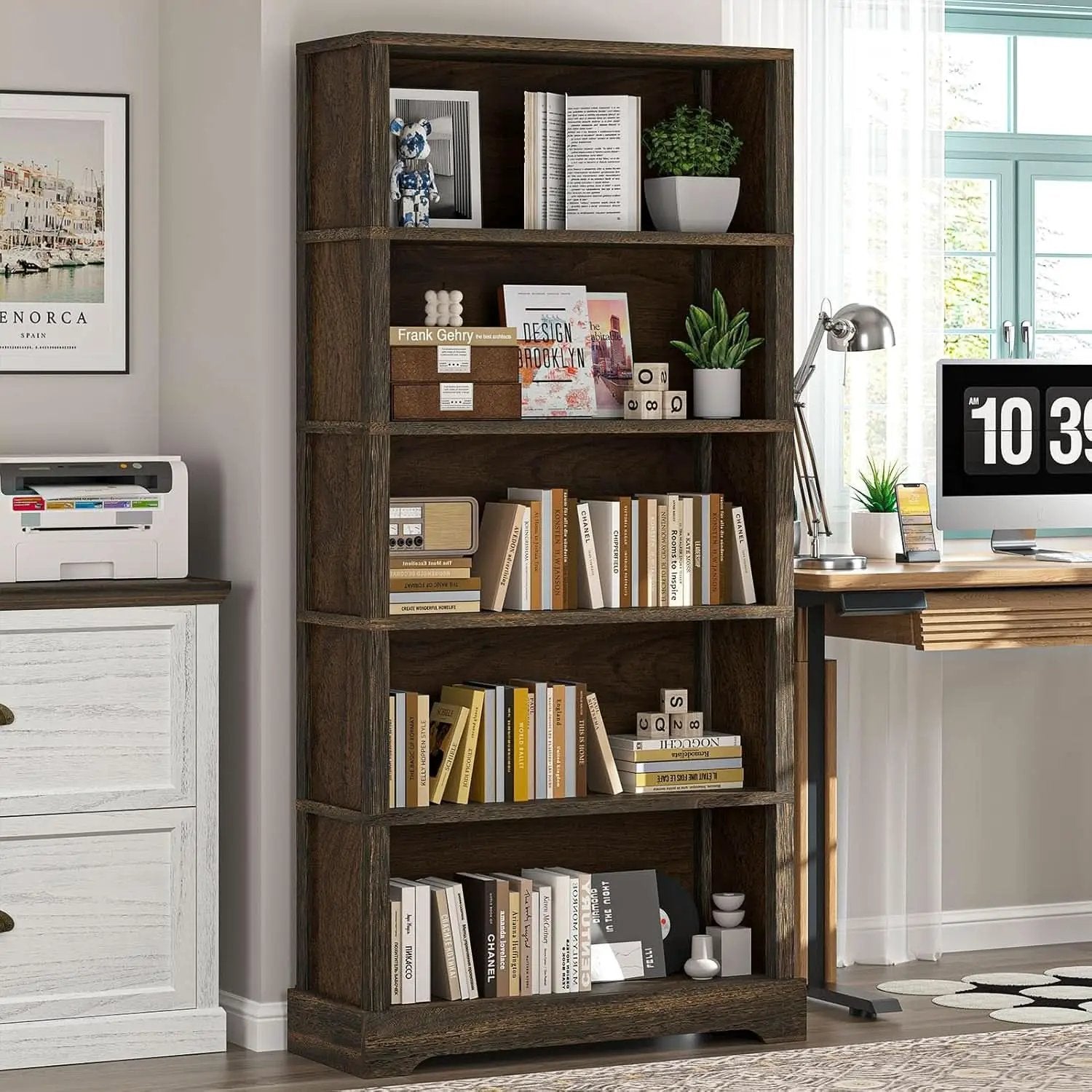 65 Inch Solid Hardwood Bookshelf With Five Tier Open from PriceLows™