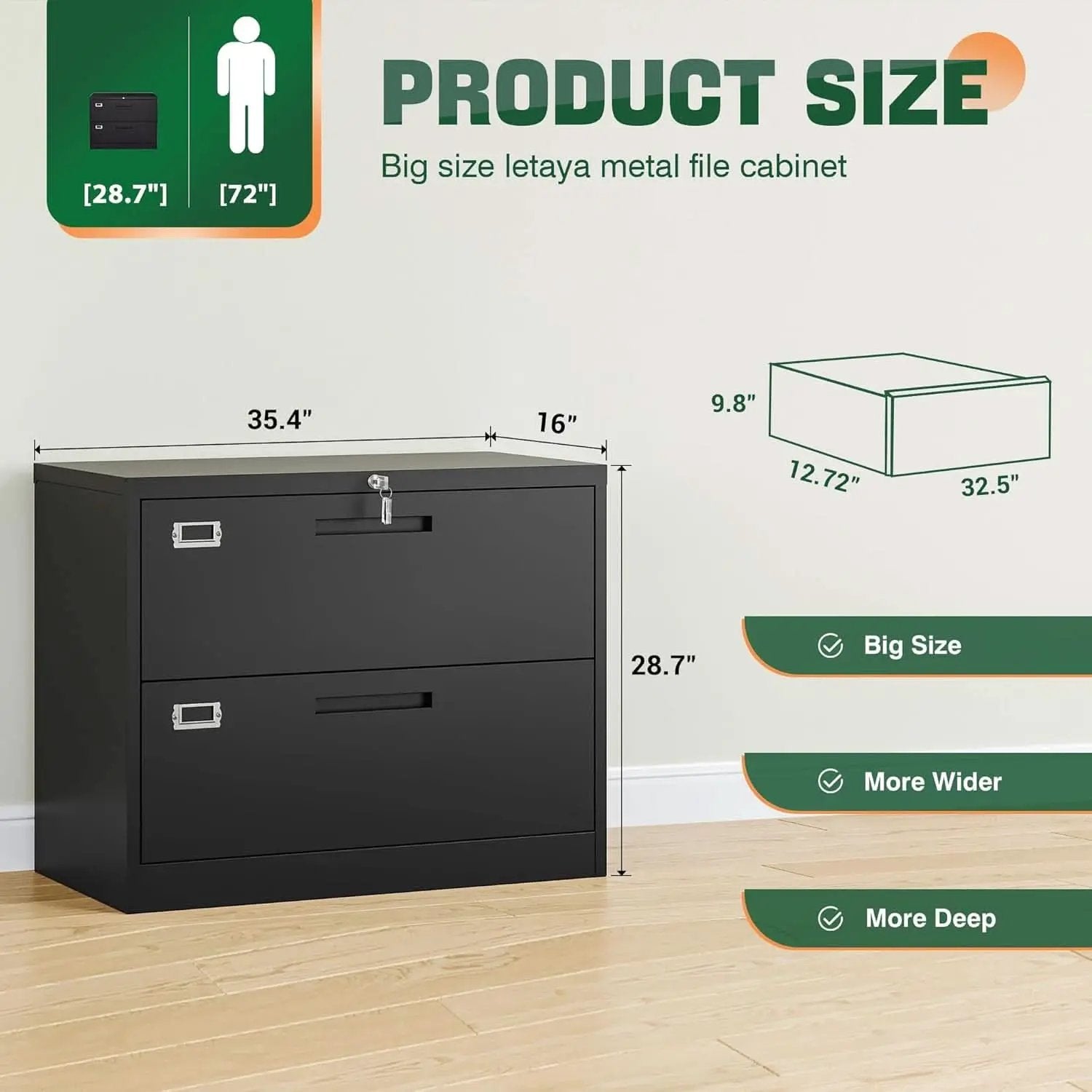Metal Lateral File Cabinet With Lock 2 Drawer Black Steel from PriceLows™